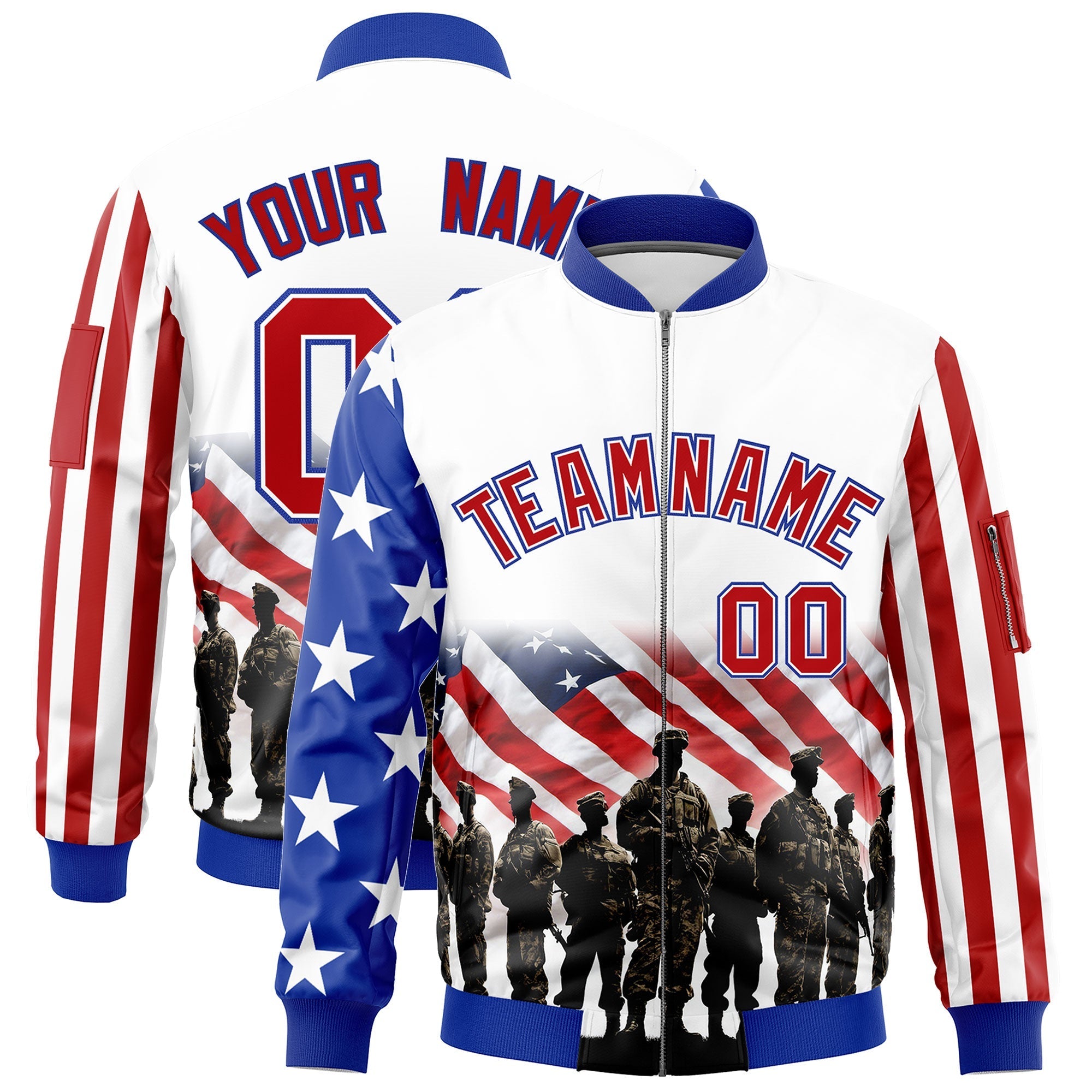 Custom White Red Royal Blue Independence Day Full Zip American Flag Wrinkle-Resistant Jacket| KXKSHOP