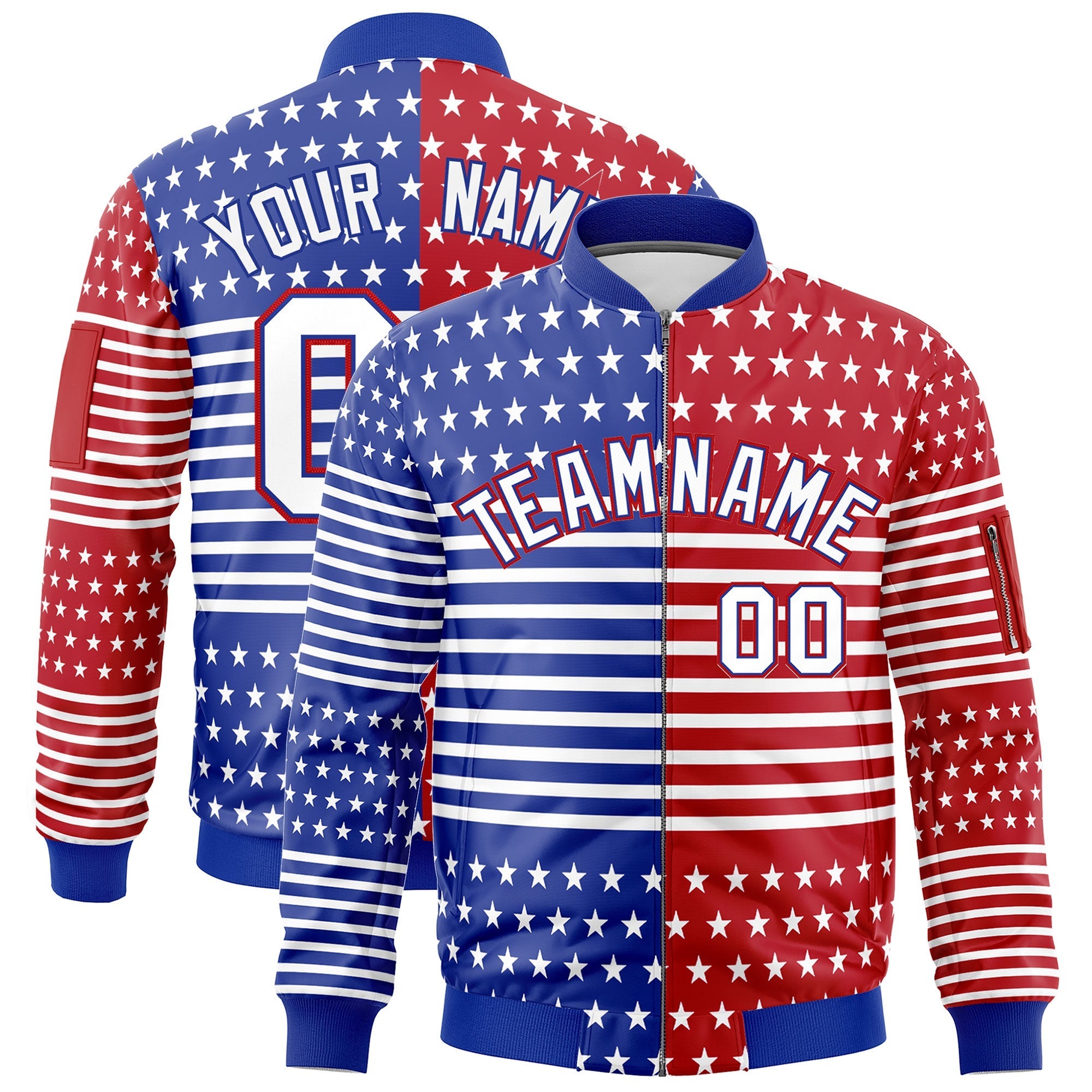 Custom Royal Blue Red White Independence Day Full Zip American Flag Wrinkle-Resistant Jacket| KXKSHOP