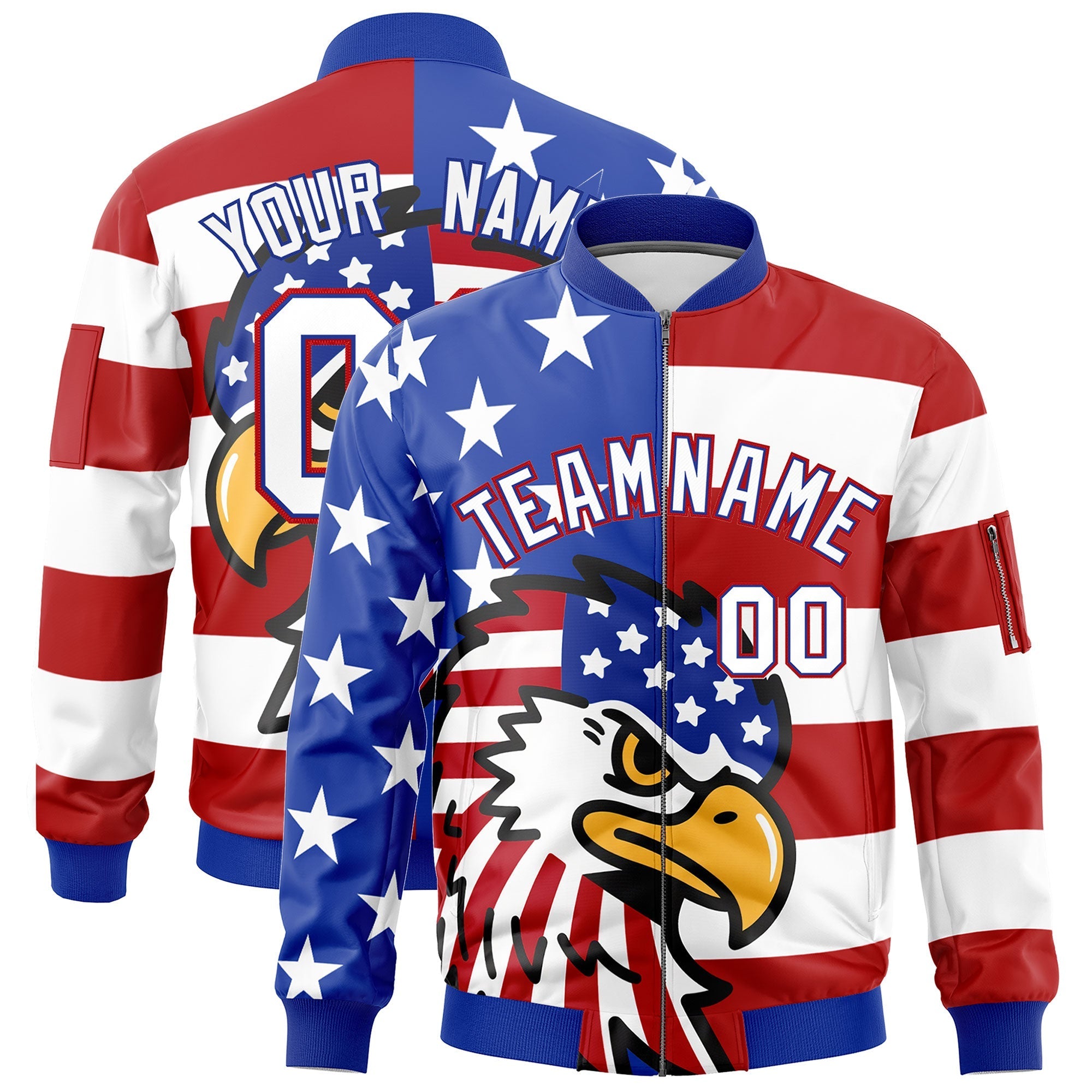 Custom Royal Blue White Red Independence Day Full Zip American Flag Wrinkle-Resistant Jacket| KXKSHOP