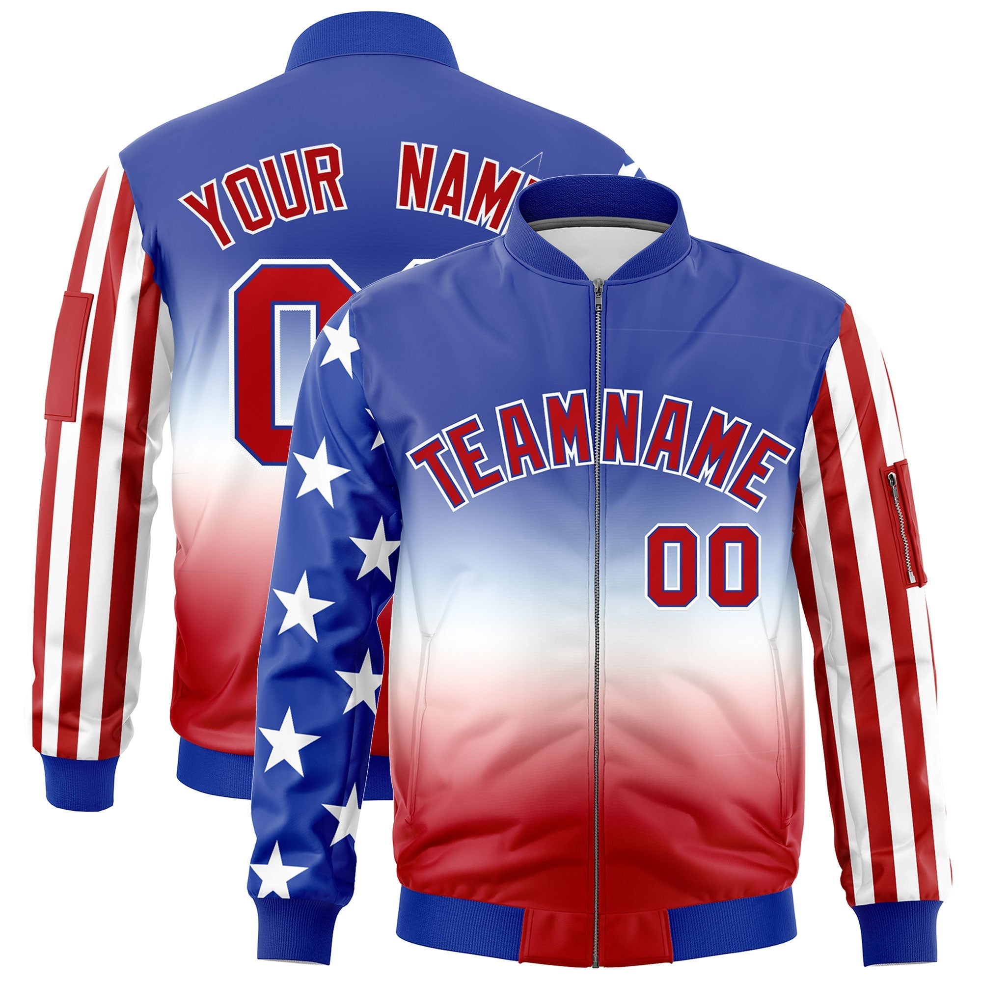 Custom Royal Blue White Red Independence Day Full Zip American Flag Wrinkle-Resistant Jacket| KXKSHOP