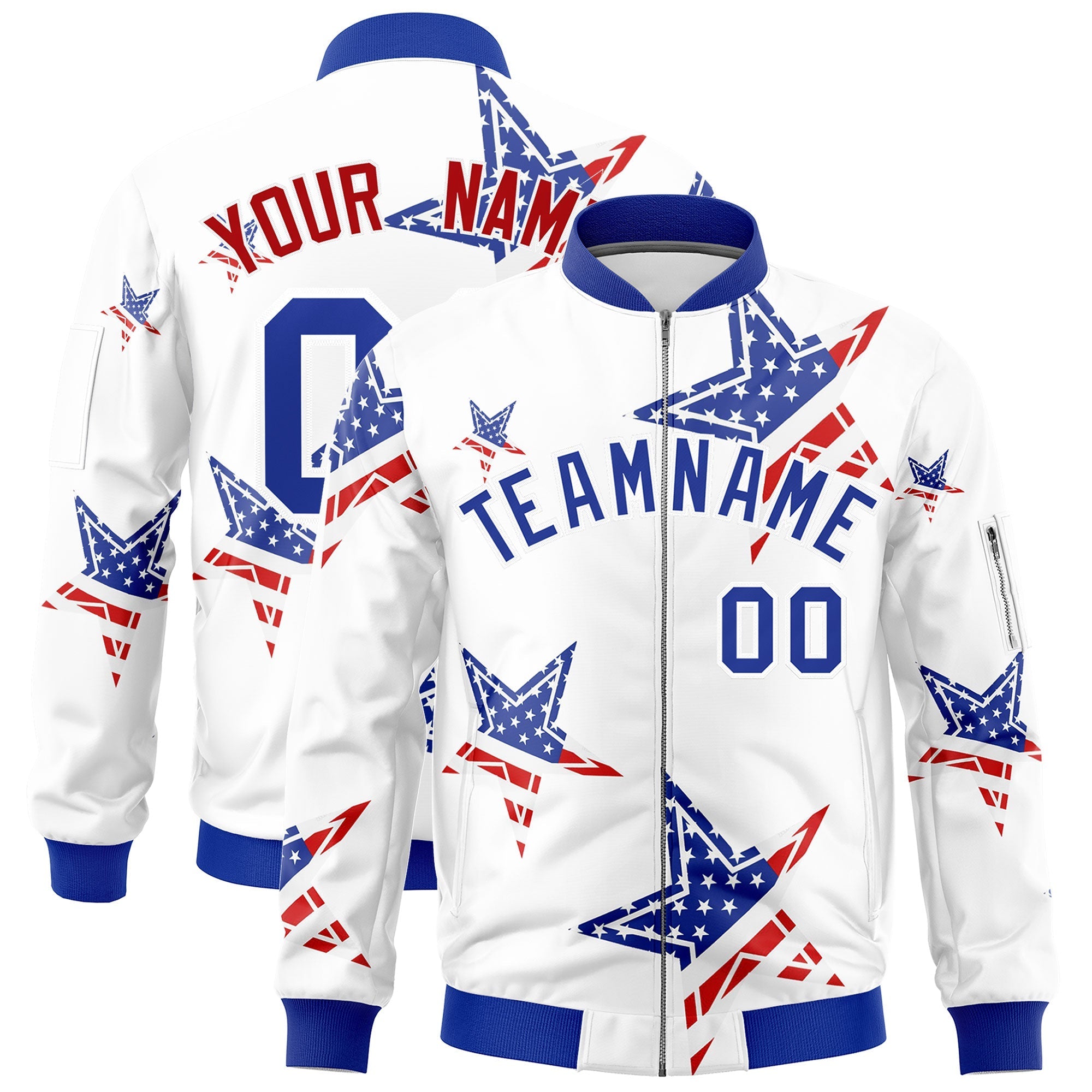 Custom White Royal Blue Red Independence Day Full Zip American Flag Wrinkle-Resistant Jacket| KXKSHOP