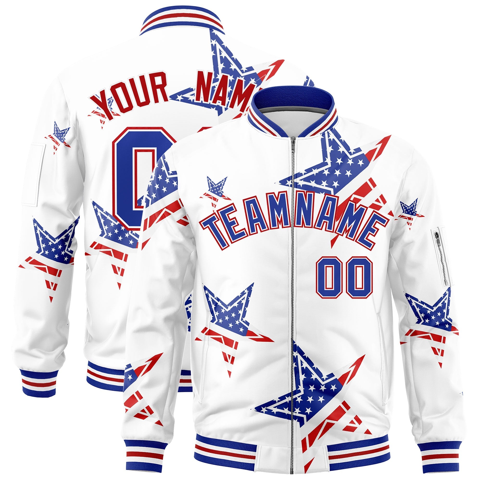 Custom White Royal Blue Red Independence Day Full Zip American Flag Wrinkle-Resistant Jacket| KXKSHOP