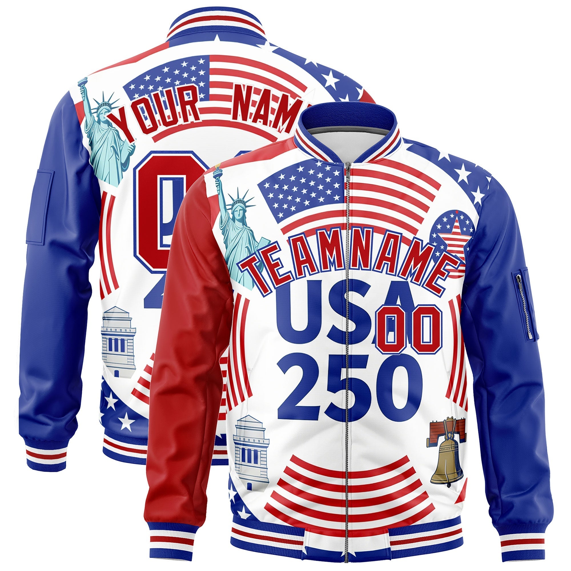 Custom Red Royal Blue White Independence Day Full Zip American Flag Wrinkle-Resistant Jacket| KXKSHOP