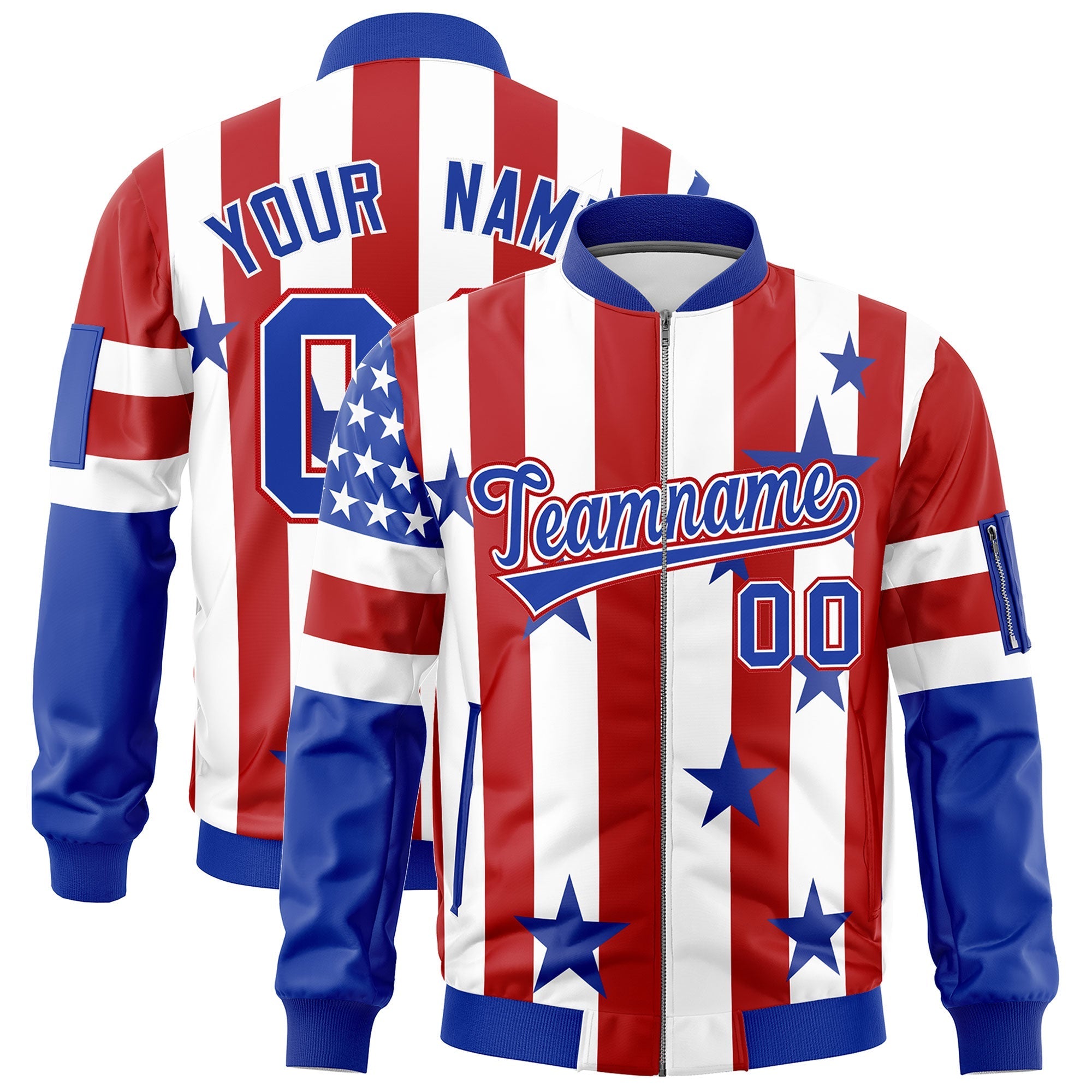 Custom White Red Royal Blue Independence Day Full Zip American Flag Wrinkle-Resistant Jacket| KXKSHOP