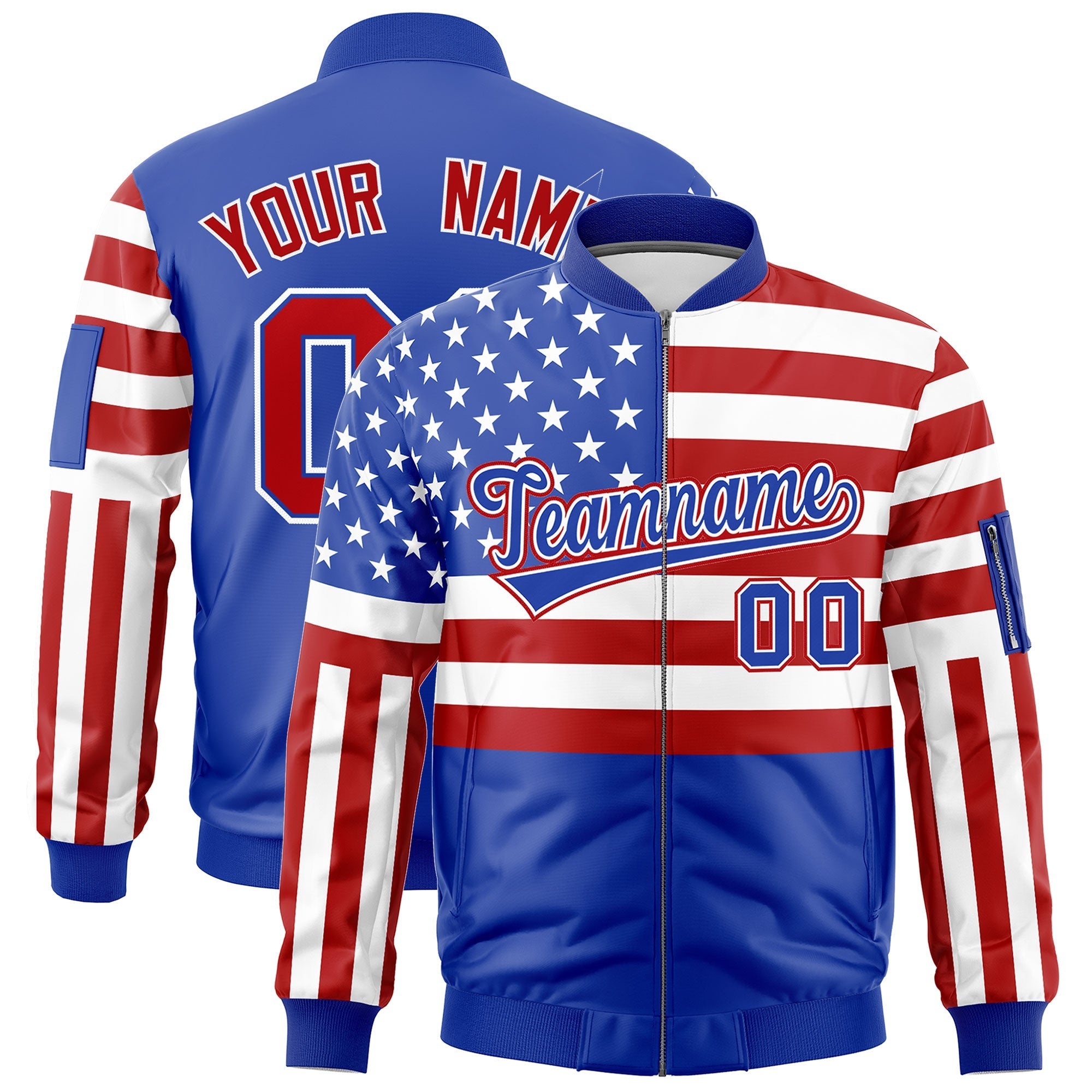 Custom Royal Blue Red White Independence Day Full Zip American Flag Wrinkle-Resistant Jacket| KXKSHOP
