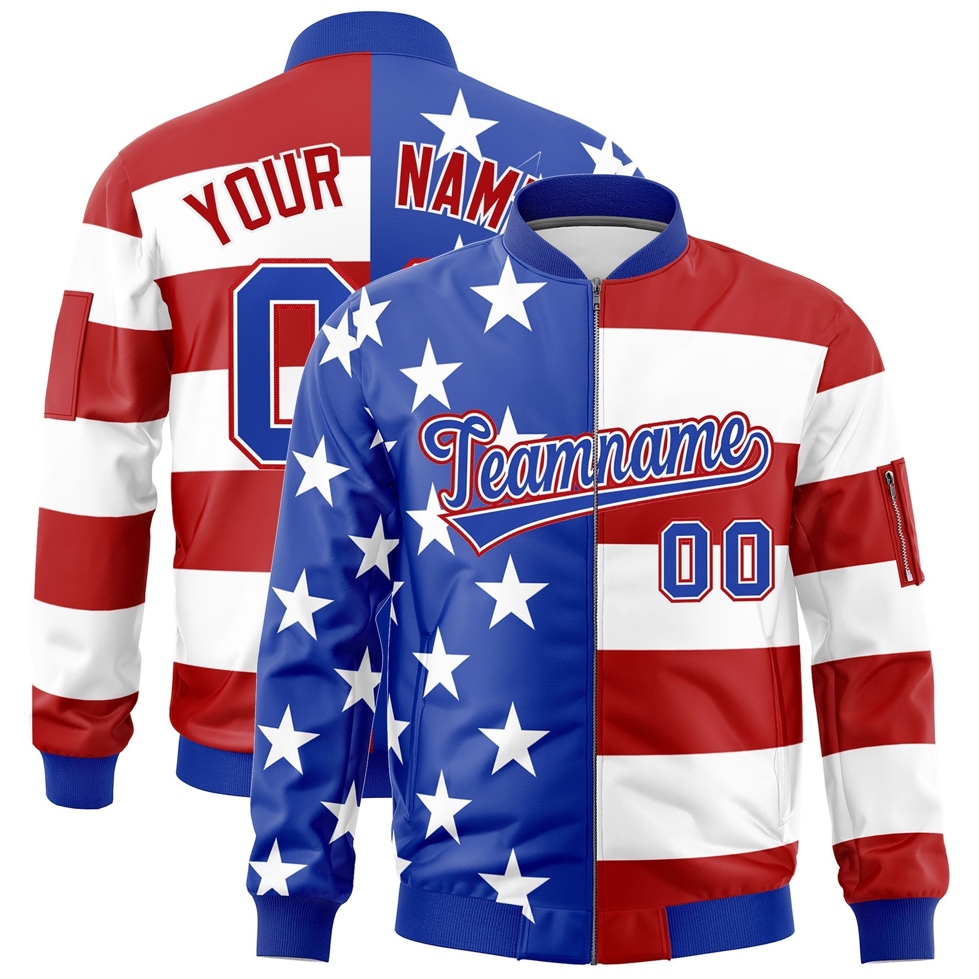 Custom Royal Blue Red White Independence Day Full Zip American Flag Wrinkle-Resistant Jacket| KXKSHOP