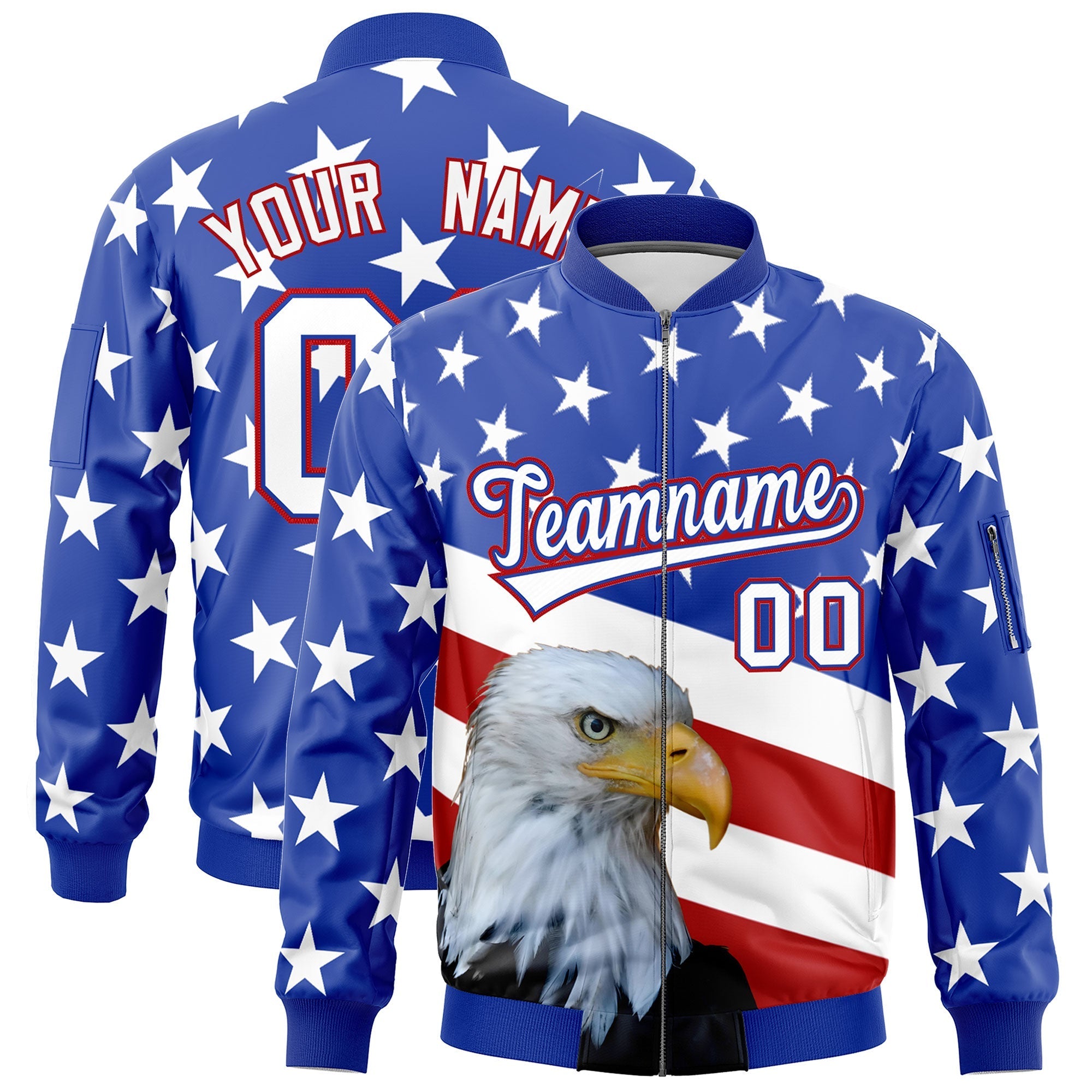 Custom Royal Blue White Red Independence Day Full Zip American Flag Wrinkle-Resistant Jacket| KXKSHOP
