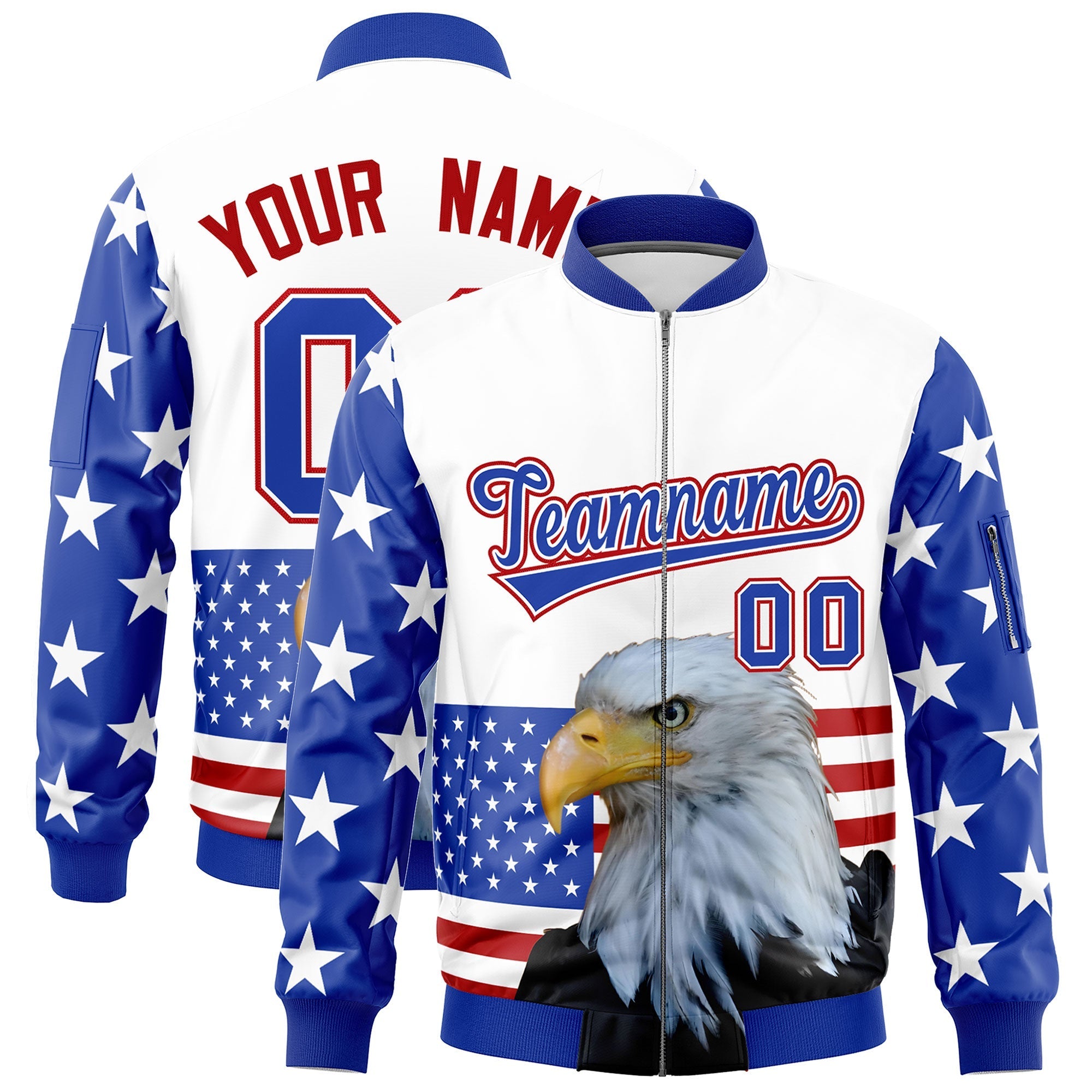 Custom White Royal Blue Red Independence Day Full Zip American Flag Wrinkle-Resistant Jacket| KXKSHOP