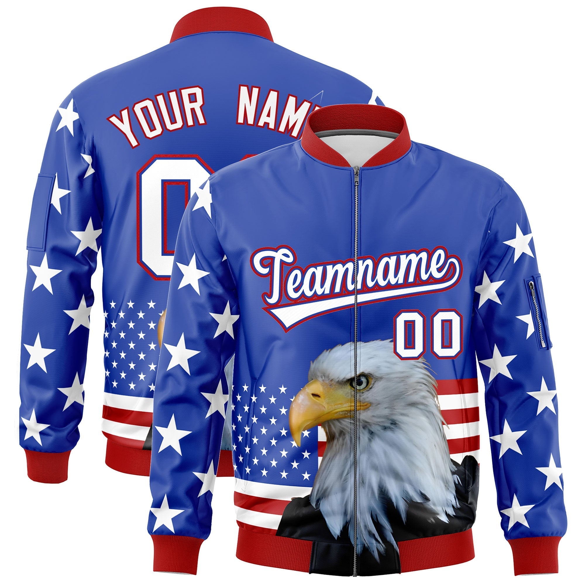 Custom Royal Blue White Red Independence Day Full Zip American Flag Wrinkle-Resistant Jacket| KXKSHOP