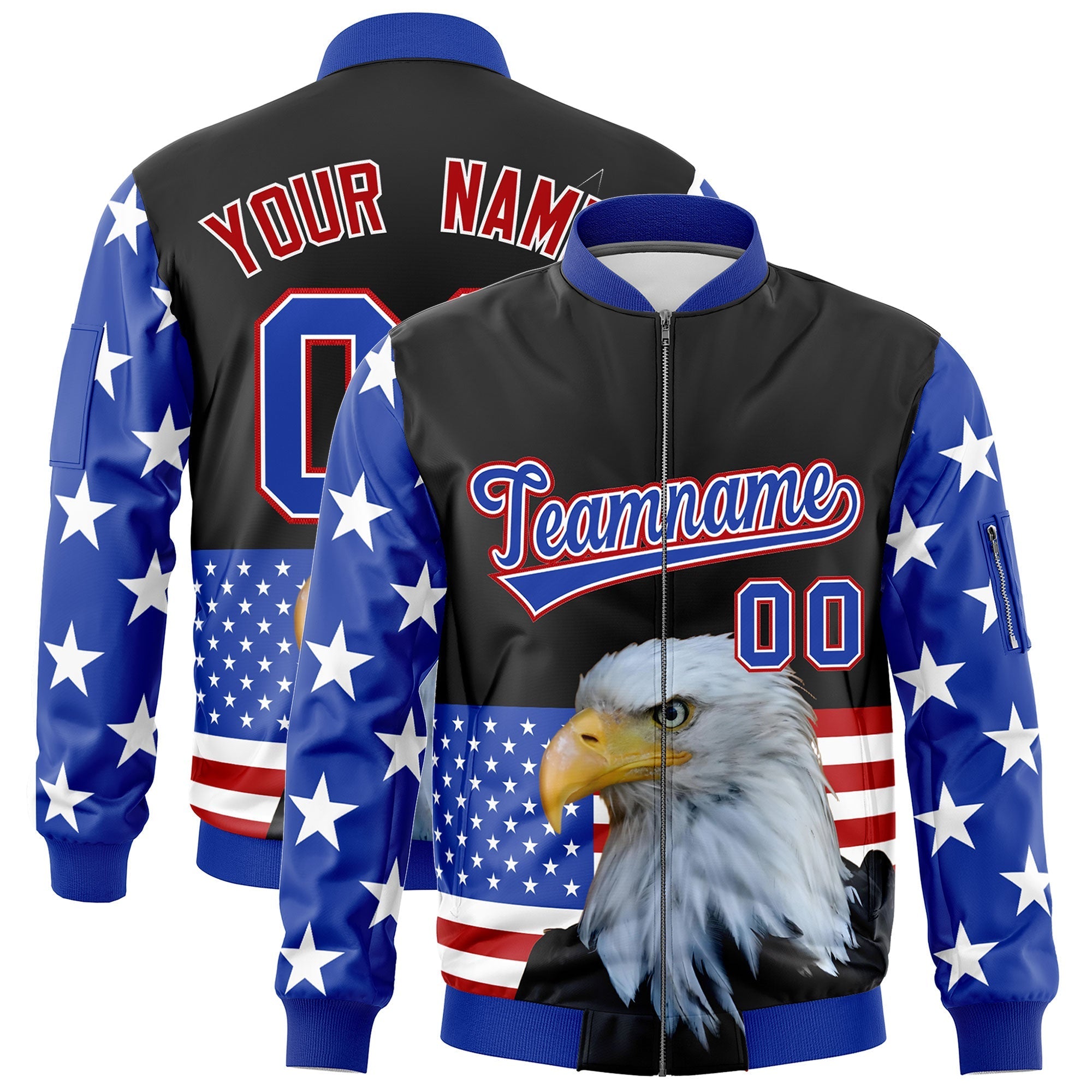 Custom Black Royal Blue White Independence Day Full Zip American Flag Wrinkle-Resistant Jacket| KXKSHOP