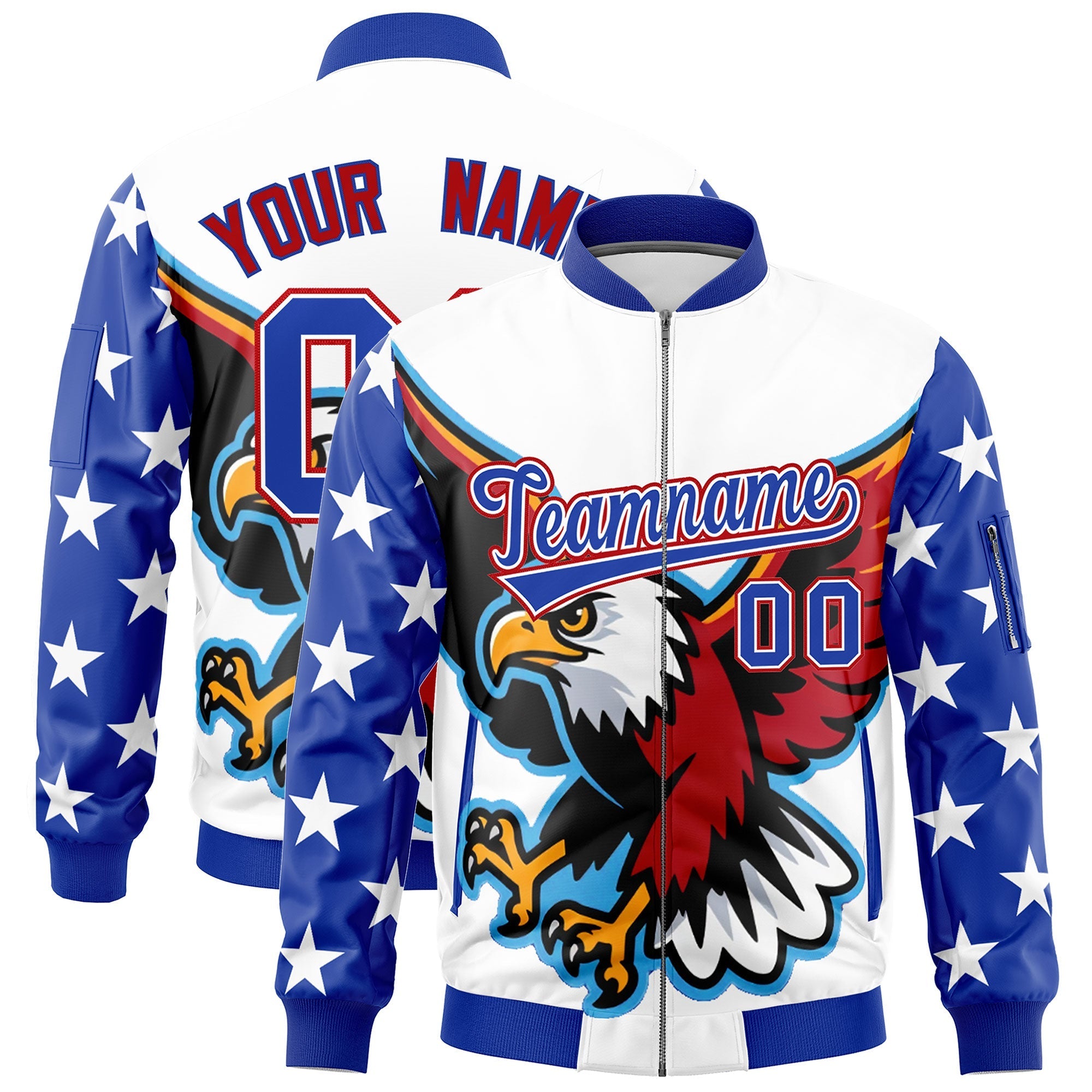 Custom White Royal Blue Red Independence Day Full Zip American Flag Wrinkle-Resistant Jacket| KXKSHOP