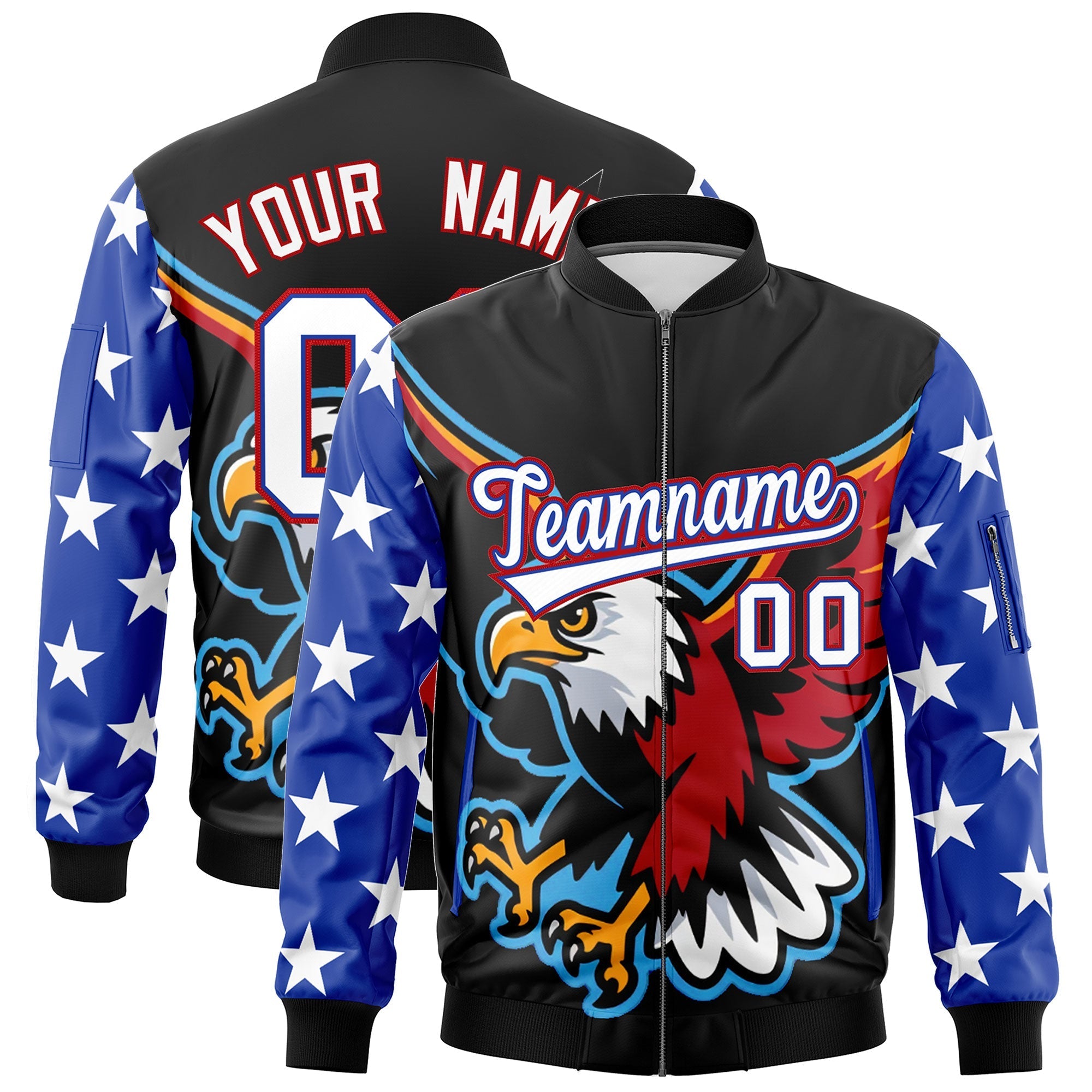 Custom Black Royal Blue White Independence Day Full Zip American Flag Wrinkle-Resistant Jacket| KXKSHOP