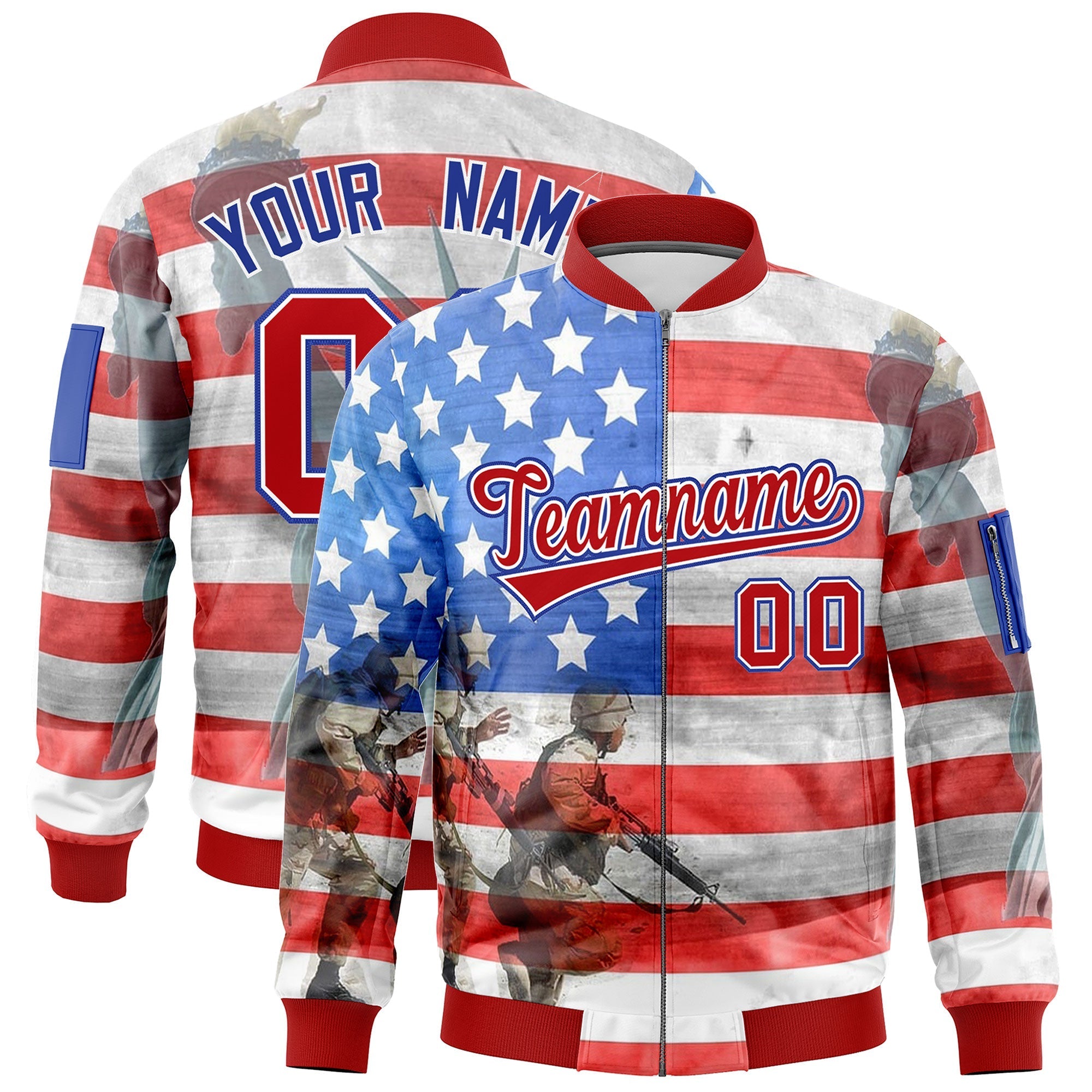 Custom Red White Royal Blue Independence Day Full Zip American Flag Wrinkle-Resistant Jacket| KXKSHOP