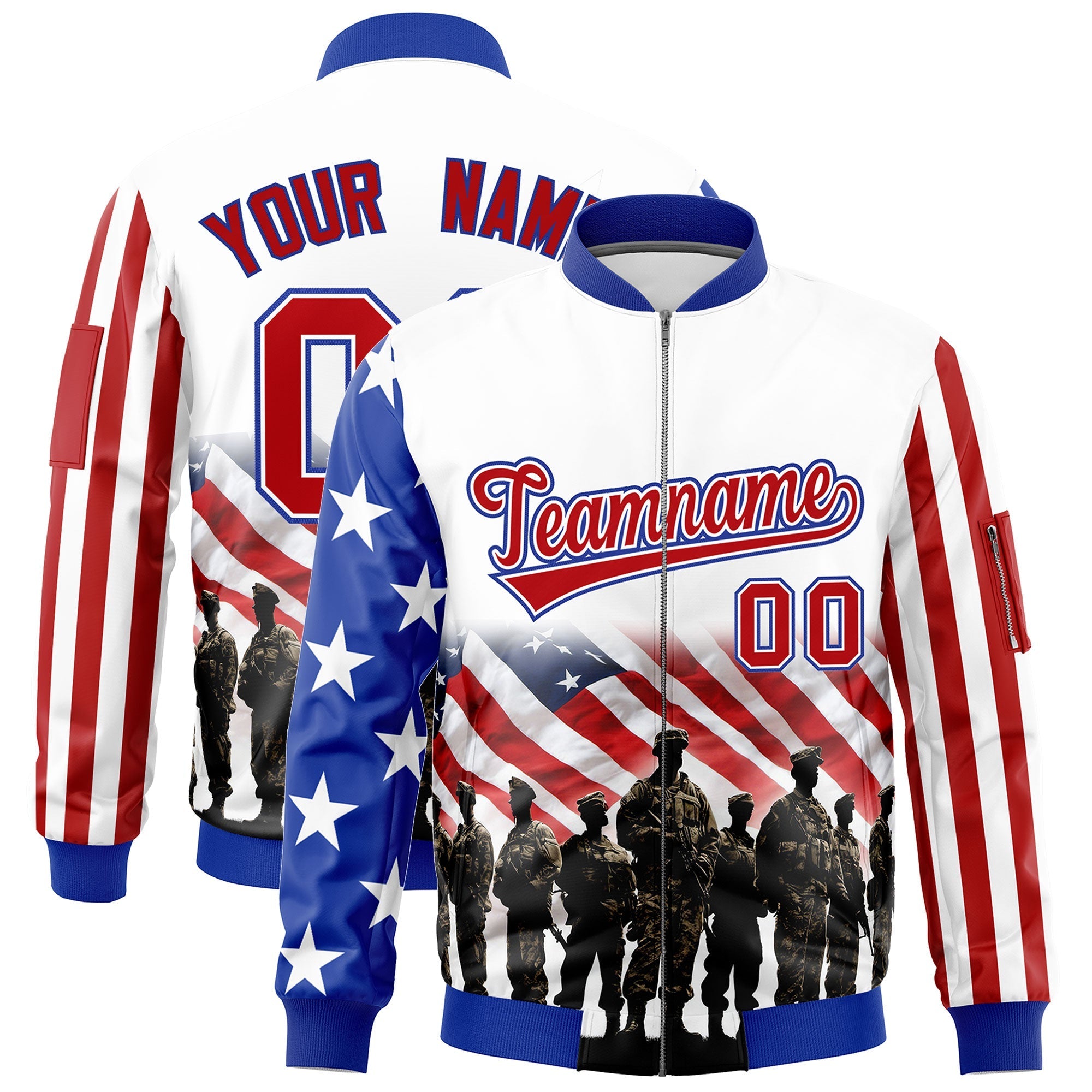 Custom White Red Royal Blue Independence Day Full Zip American Flag Wrinkle-Resistant Jacket| KXKSHOP