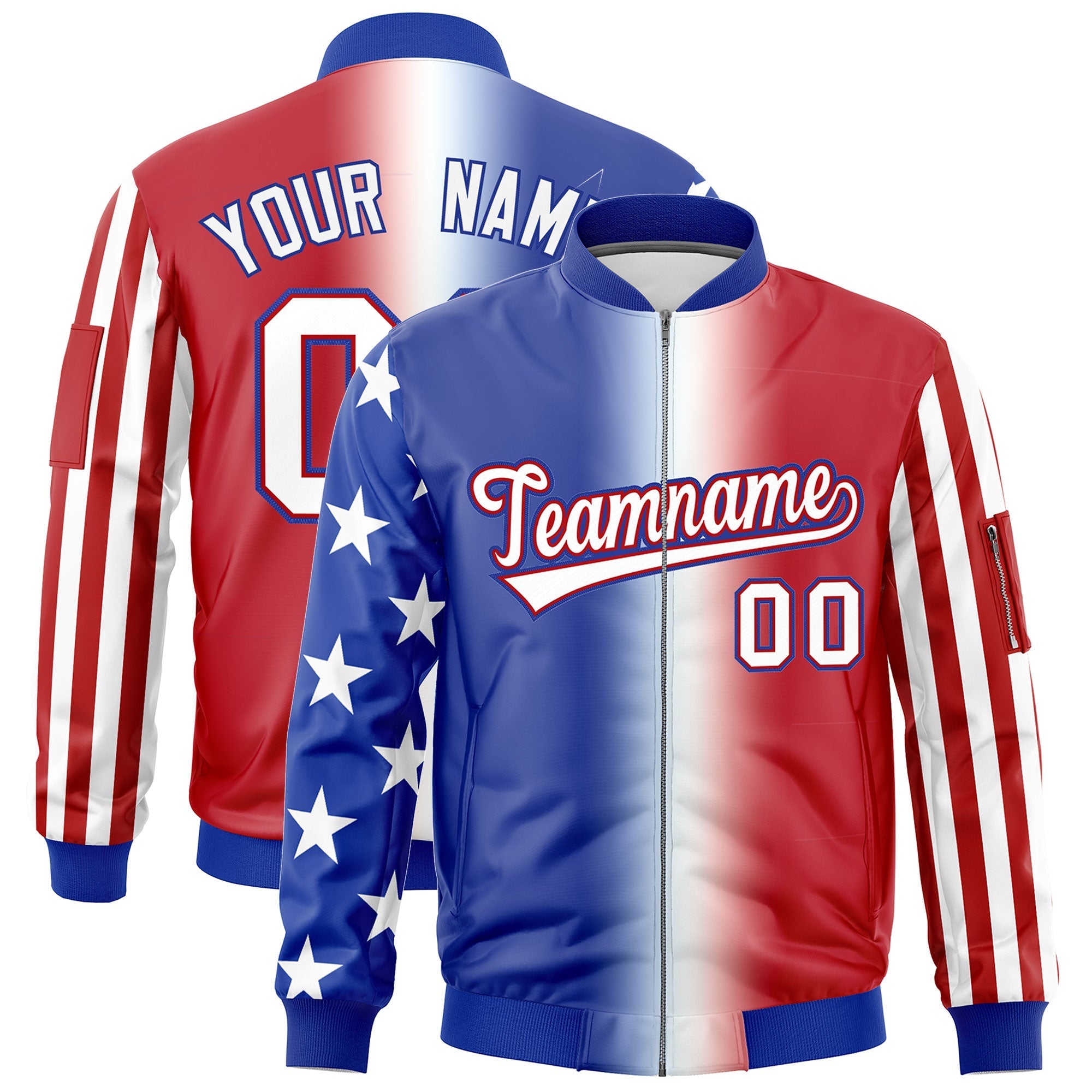 Custom Royal Blue White Red Independence Day Full Zip American Flag Wrinkle-Resistant Jacket| KXKSHOP