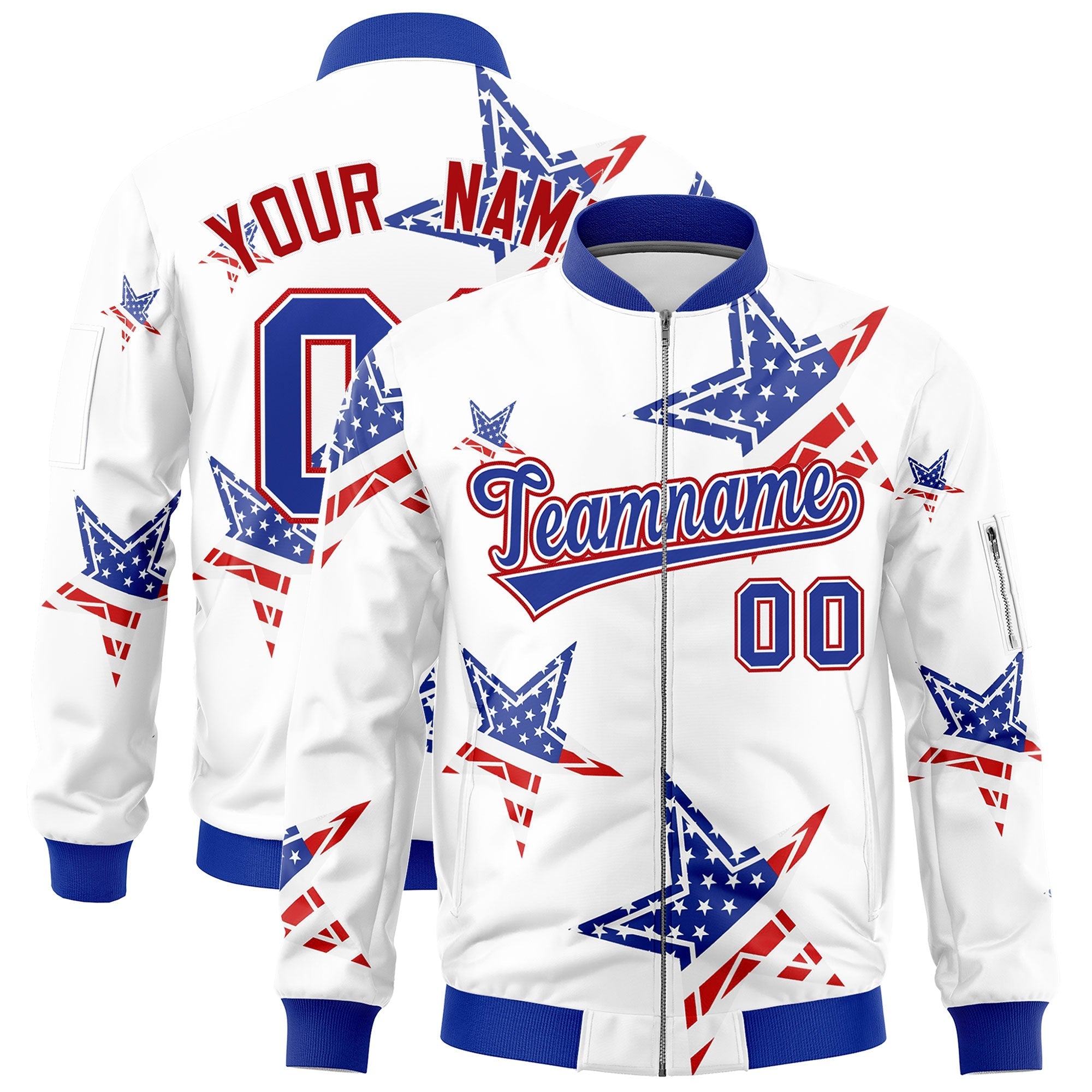 Custom White Royal Blue Red Independence Day Full Zip American Flag Wrinkle-Resistant Jacket| KXKSHOP