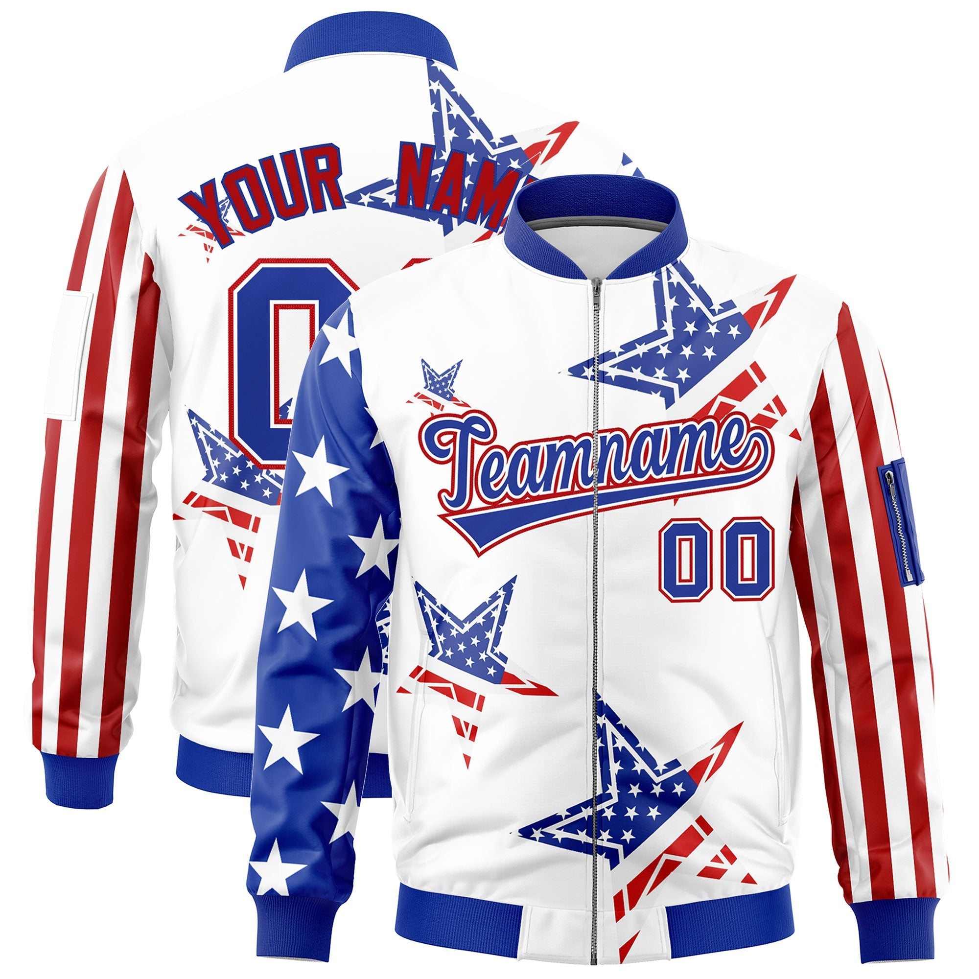 Custom White Red Royal Blue Independence Day Full Zip American Flag Wrinkle-Resistant Jacket| KXKSHOP