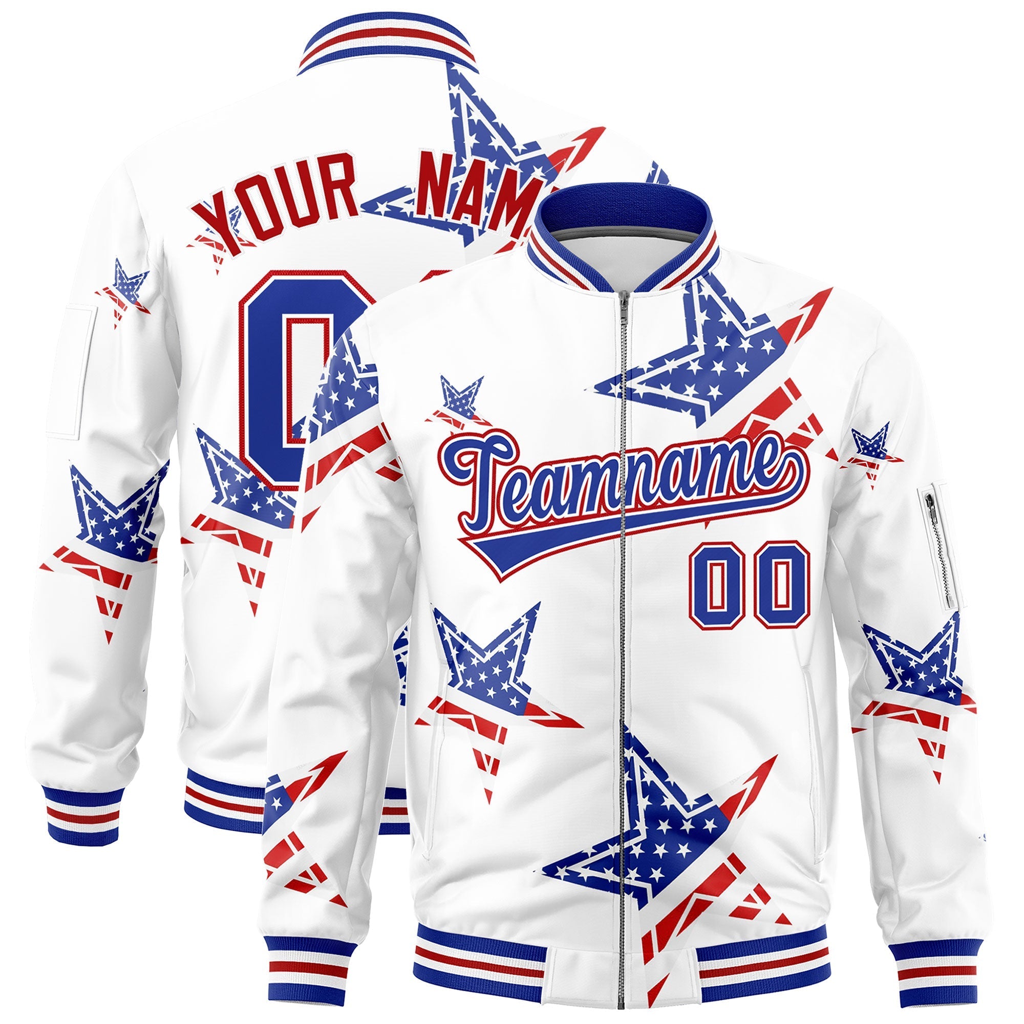 Custom White Royal Blue Red Independence Day Full Zip American Flag Wrinkle-Resistant Jacket| KXKSHOP