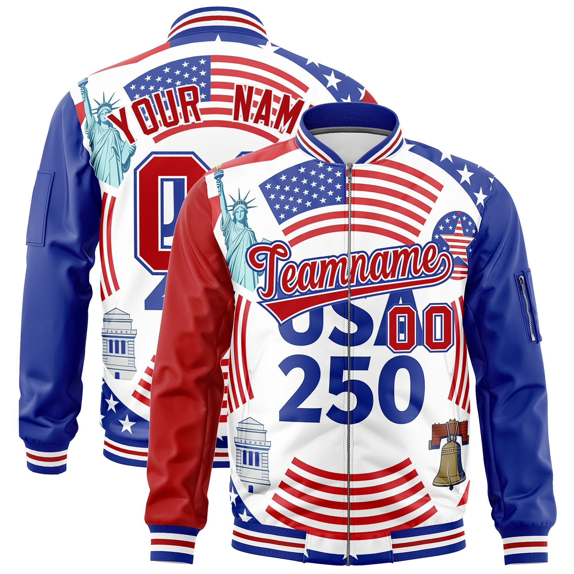 Custom Red Royal Blue White Independence Day Full Zip American Flag Wrinkle-Resistant Jacket| KXKSHOP