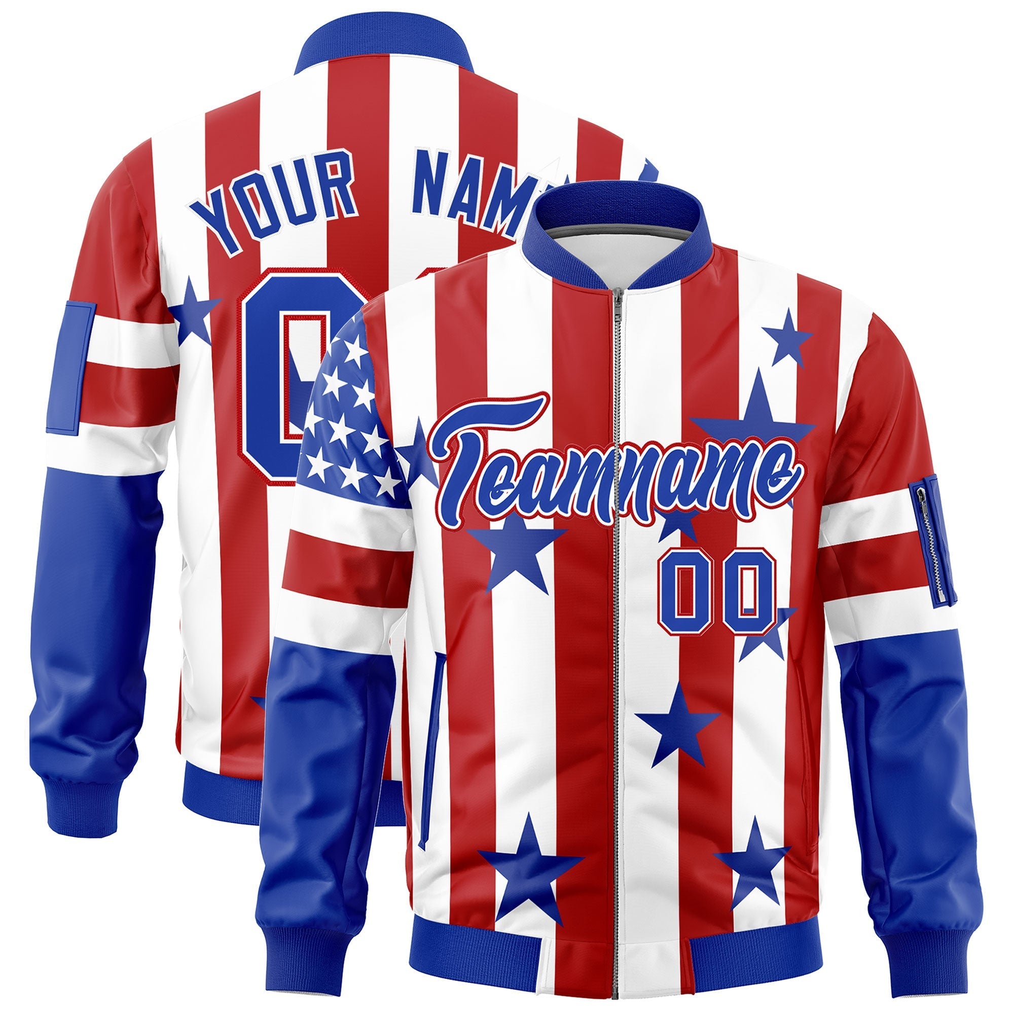 Custom White Red Royal Blue Independence Day Full Zip American Flag Wrinkle-Resistant Jacket| KXKSHOP