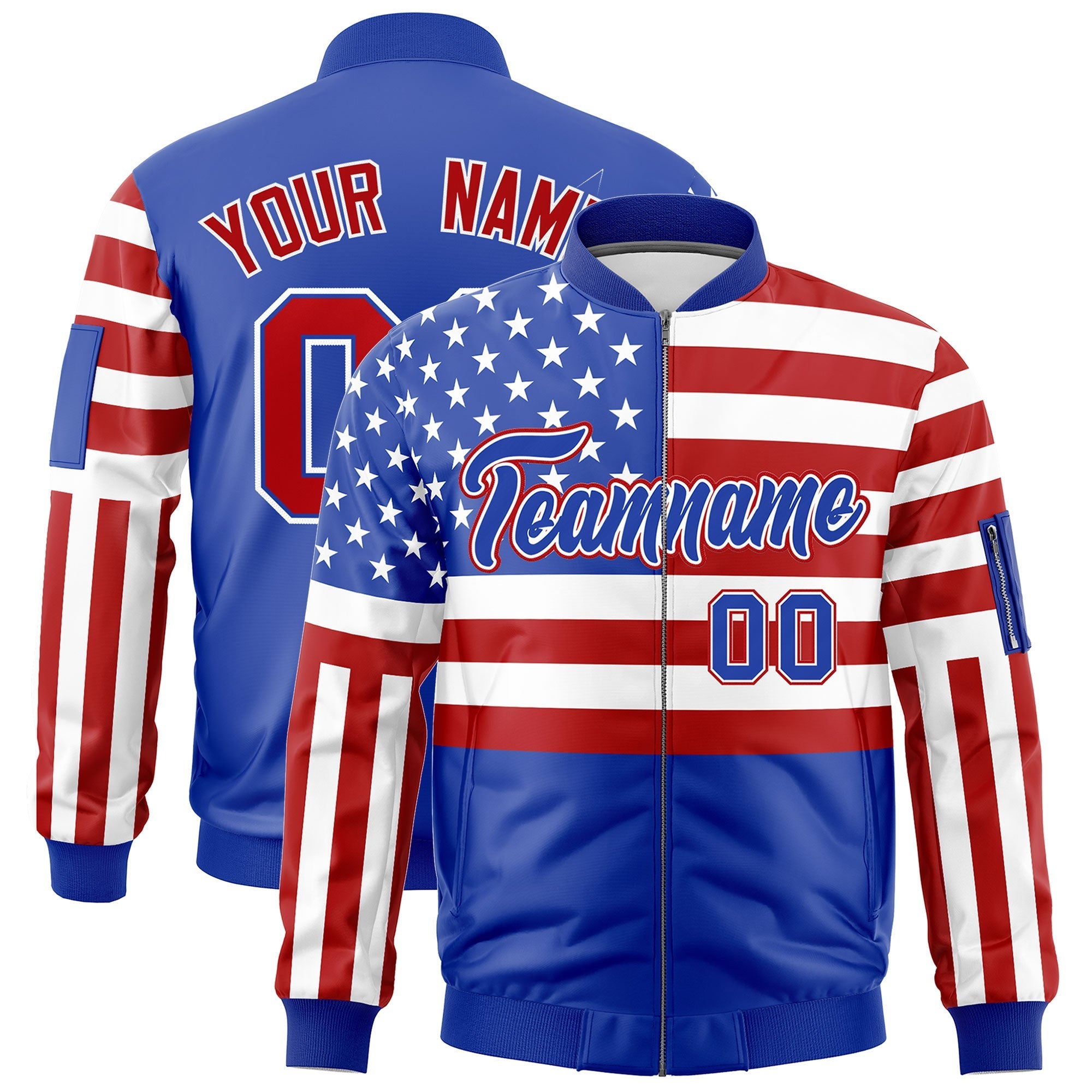 Custom Royal Blue Red White Independence Day Full Zip American Flag Wrinkle-Resistant Jacket| KXKSHOP