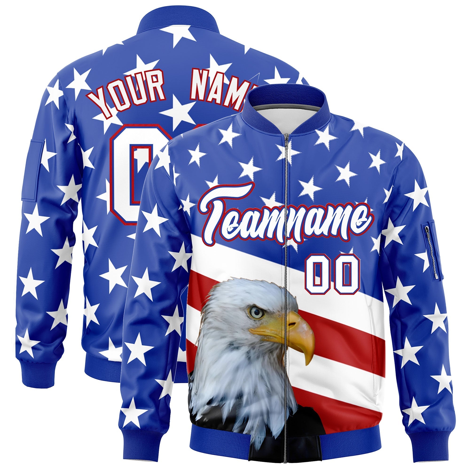 Custom Royal Blue White Red Independence Day Full Zip American Flag Wrinkle-Resistant Jacket| KXKSHOP