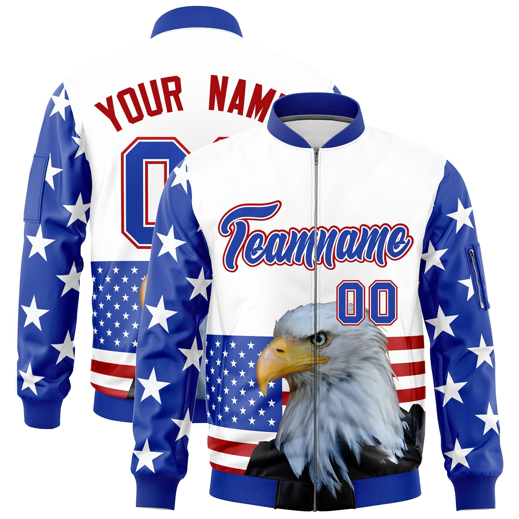 Custom White Royal Blue Red Independence Day Full Zip American Flag Wrinkle-Resistant Jacket| KXKSHOP