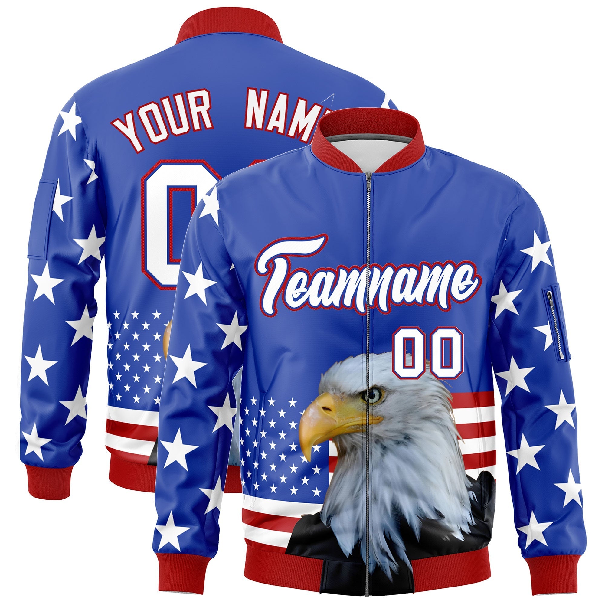 Custom Royal Blue White Red Independence Day Full Zip American Flag Wrinkle-Resistant Jacket| KXKSHOP
