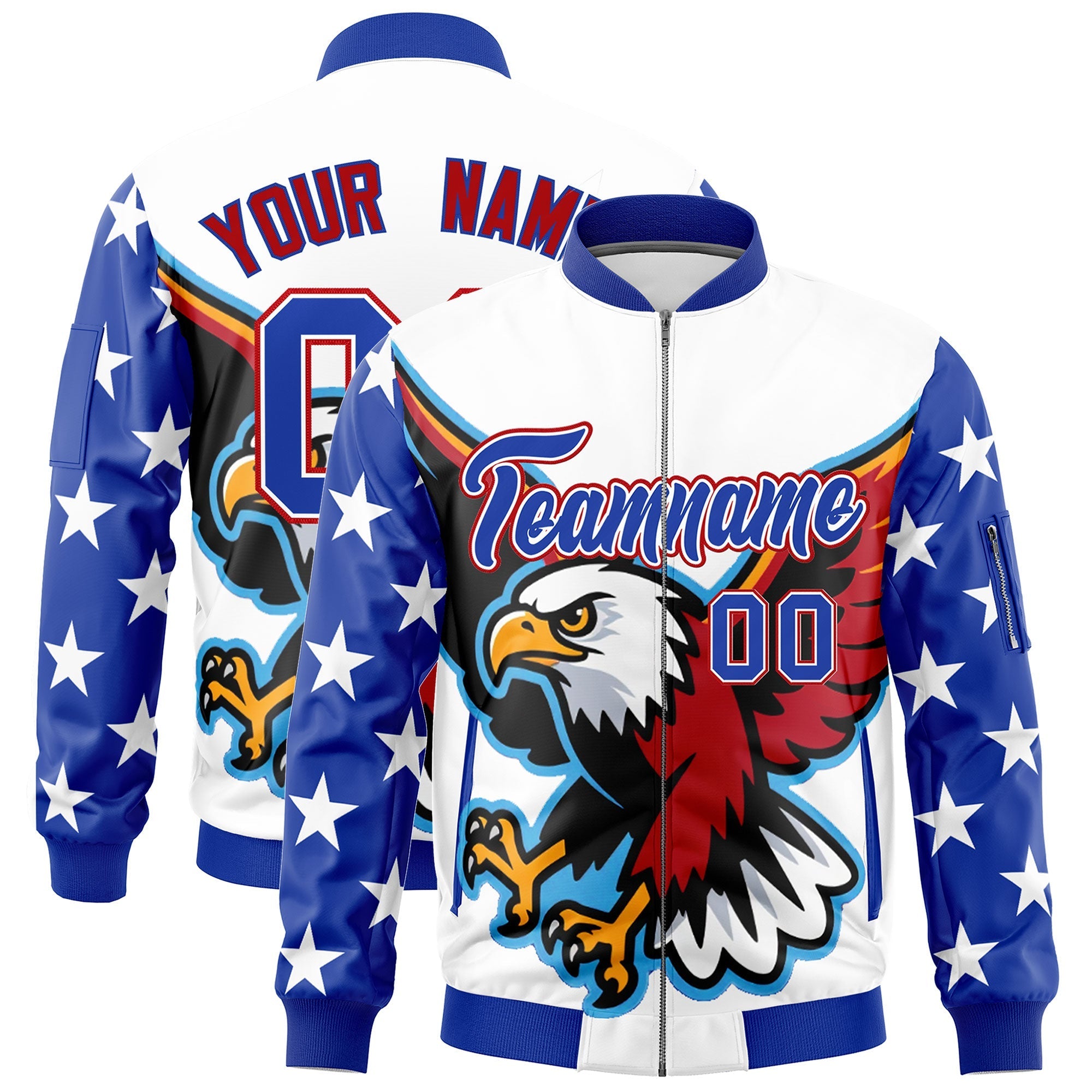 Custom White Royal Blue Red Independence Day Full Zip American Flag Wrinkle-Resistant Jacket| KXKSHOP