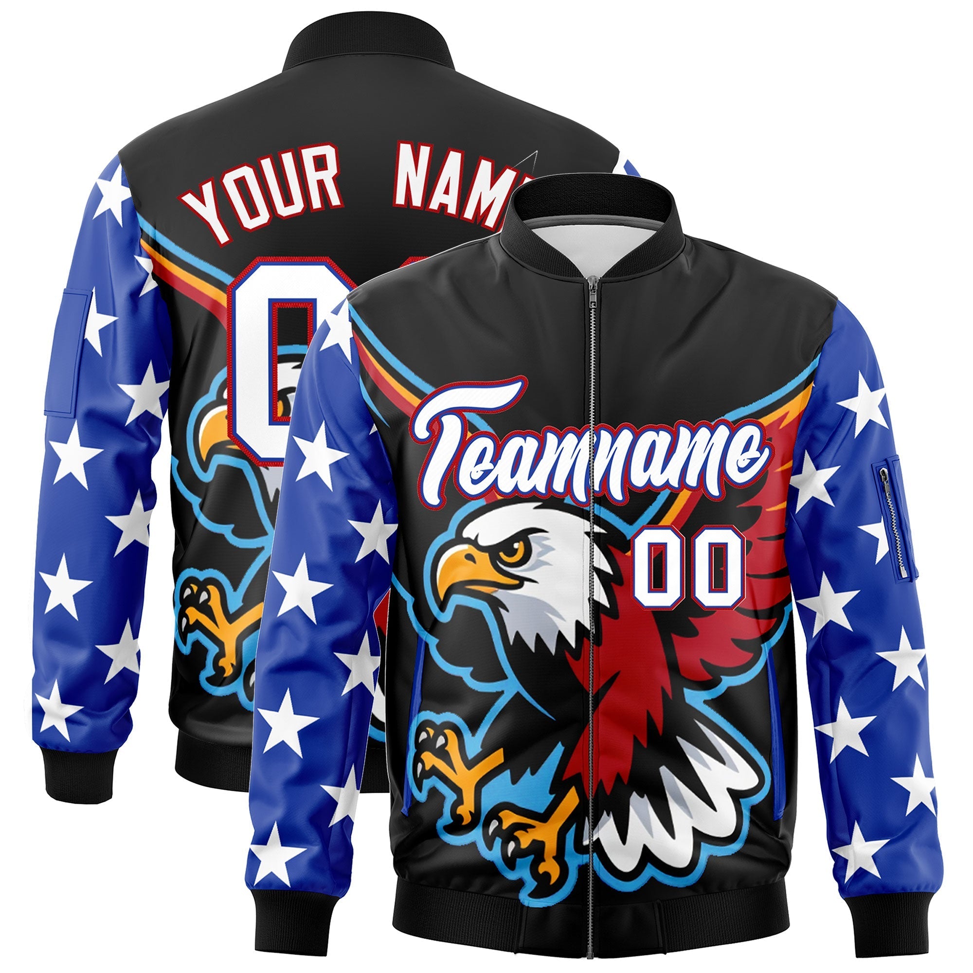 Custom Black Royal Blue White Independence Day Full Zip American Flag Wrinkle-Resistant Jacket| KXKSHOP