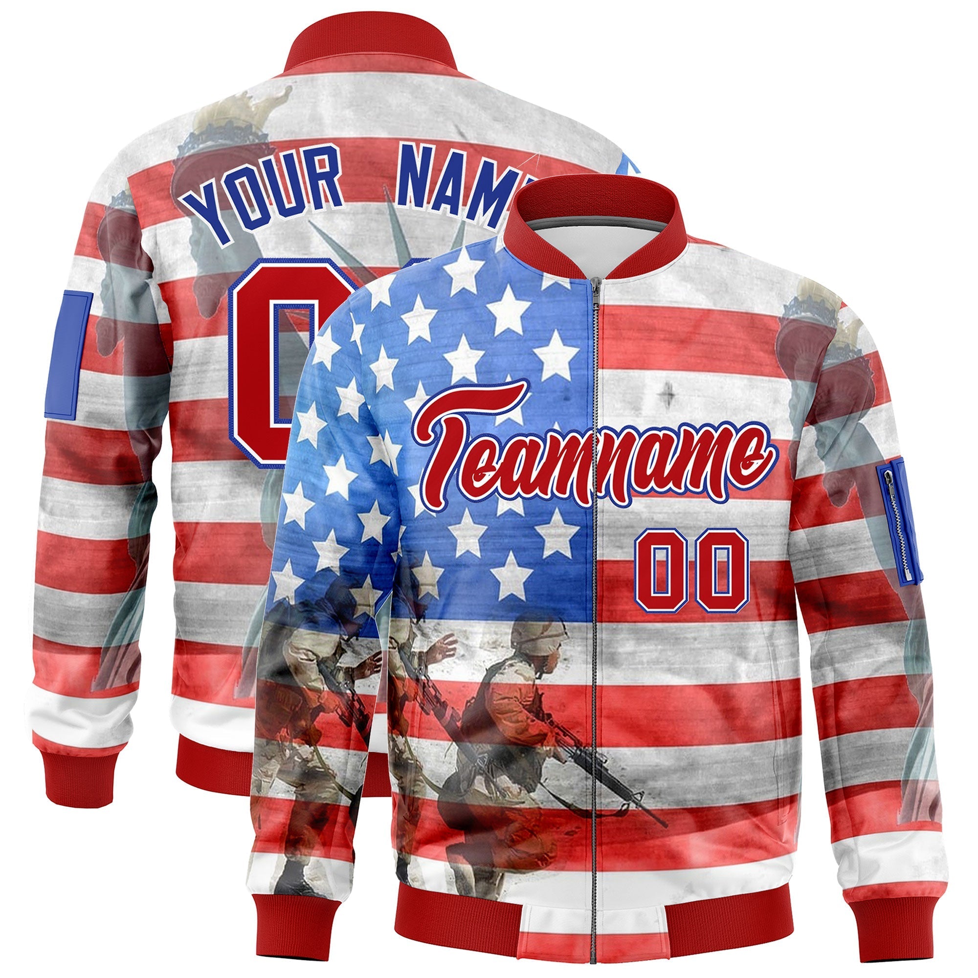 Custom Red White Royal Blue Independence Day Full Zip American Flag Wrinkle-Resistant Jacket| KXKSHOP