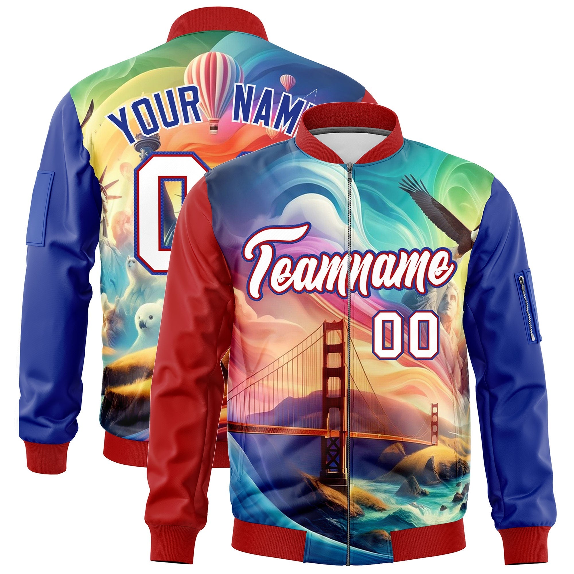 Custom Red Royal Blue White Independence Day Full Zip American Flag Wrinkle-Resistant Jacket| KXKSHOP