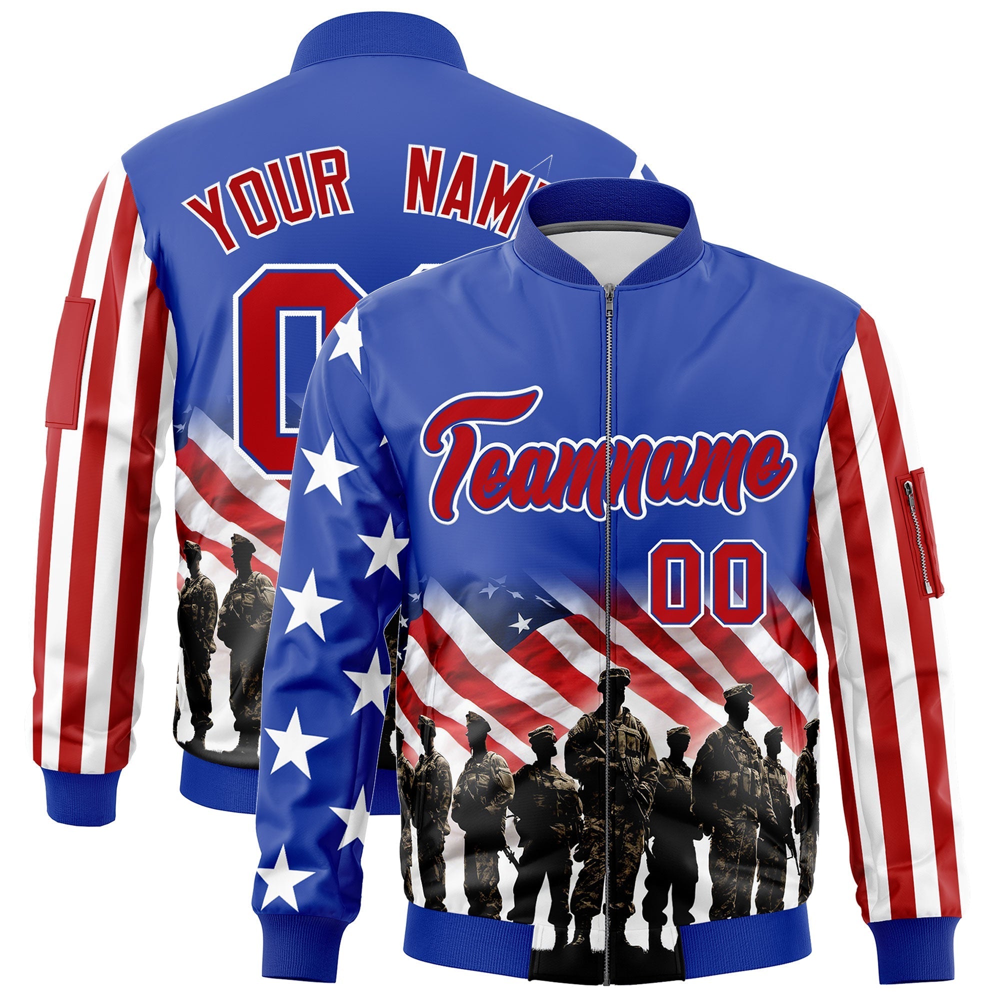 Custom Royal Blue White Red Independence Day Full Zip American Flag Wrinkle-Resistant Jacket| KXKSHOP