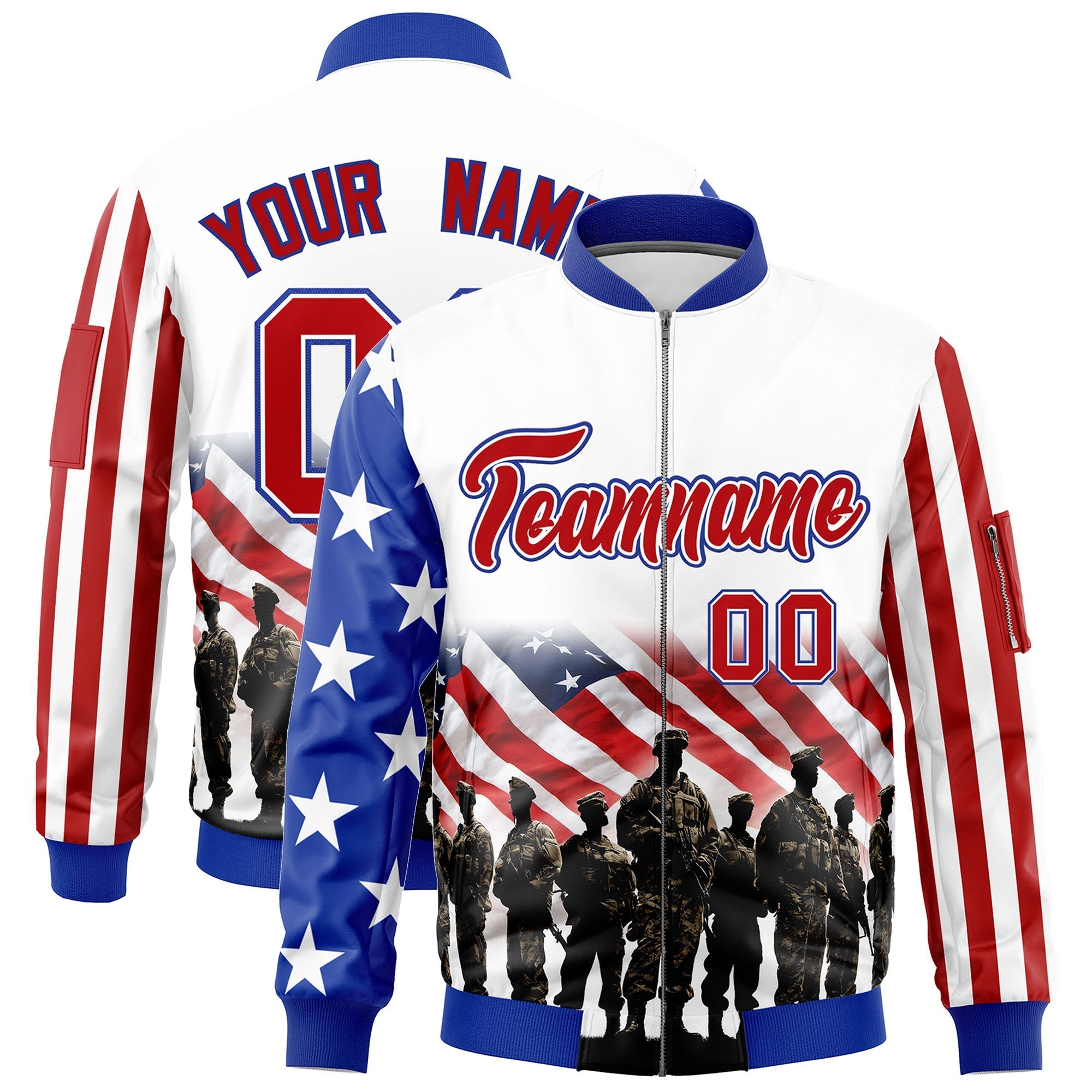 Custom White Red Royal Blue Independence Day Full Zip American Flag Wrinkle-Resistant Jacket| KXKSHOP