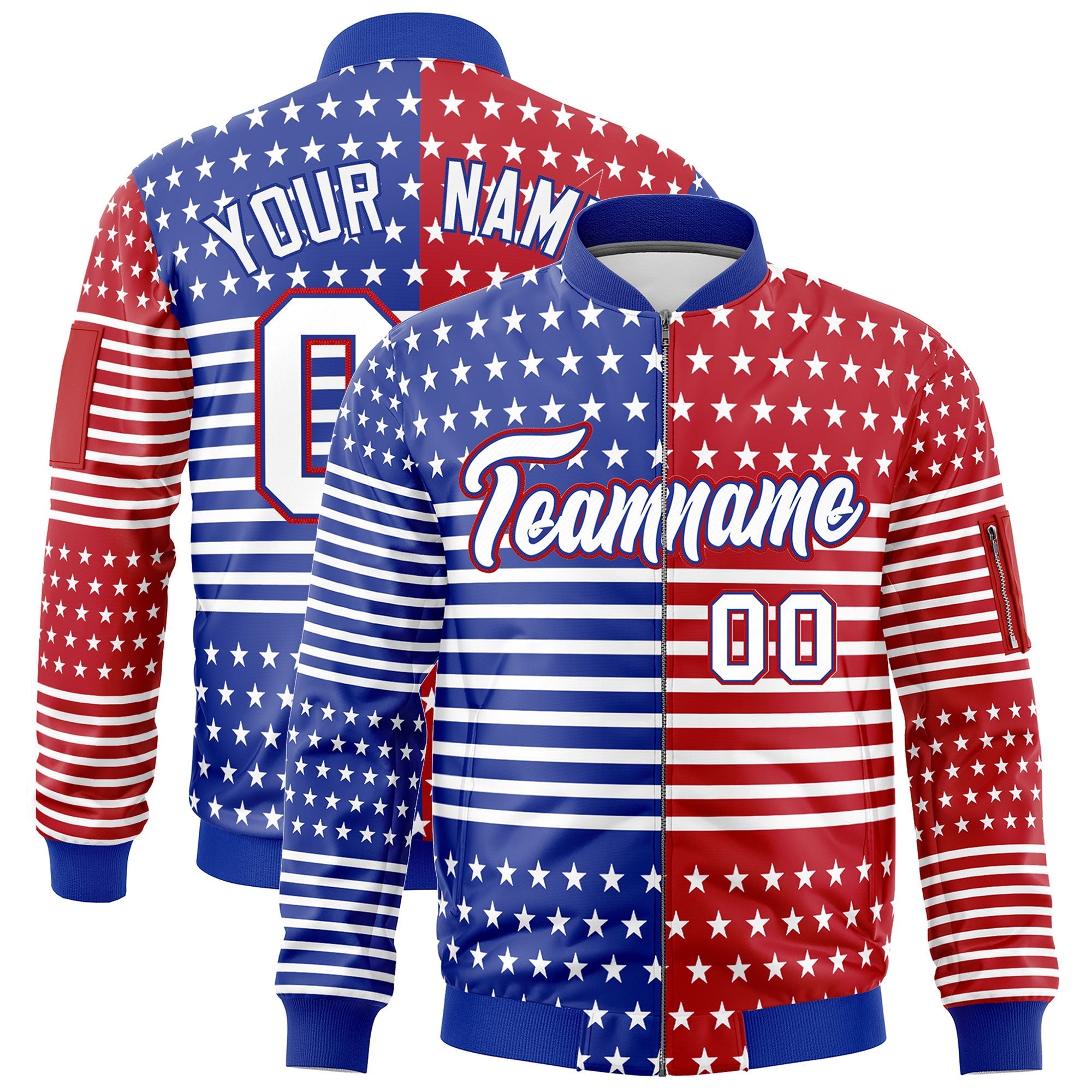 Custom Royal Blue Red White Independence Day Full Zip American Flag Wrinkle-Resistant Jacket| KXKSHOP