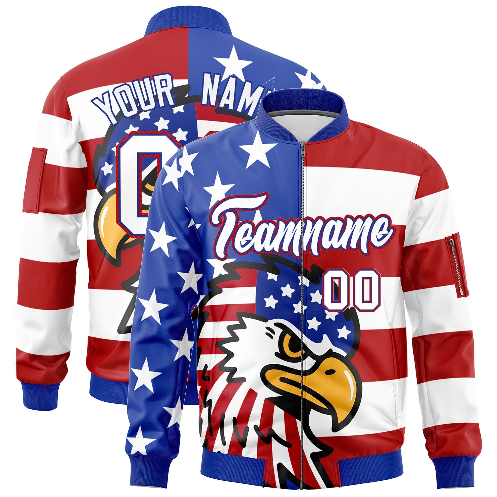 Custom Royal Blue White Red Independence Day Full Zip American Flag Wrinkle-Resistant Jacket| KXKSHOP