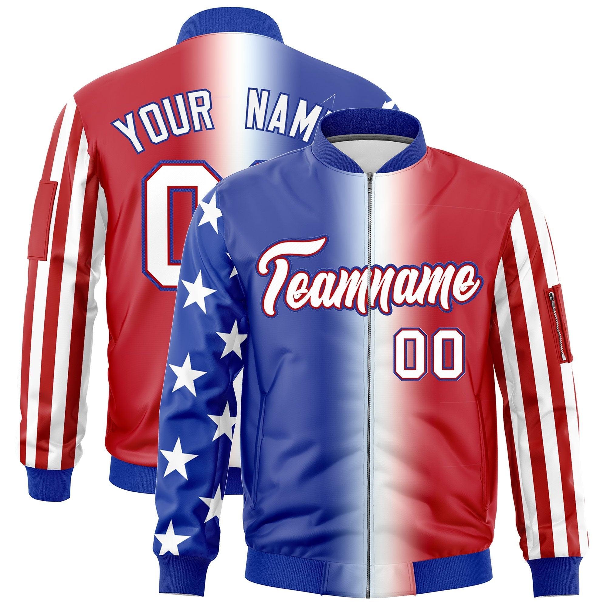 Custom Royal Blue White Red Independence Day Full Zip American Flag Wrinkle-Resistant Jacket| KXKSHOP