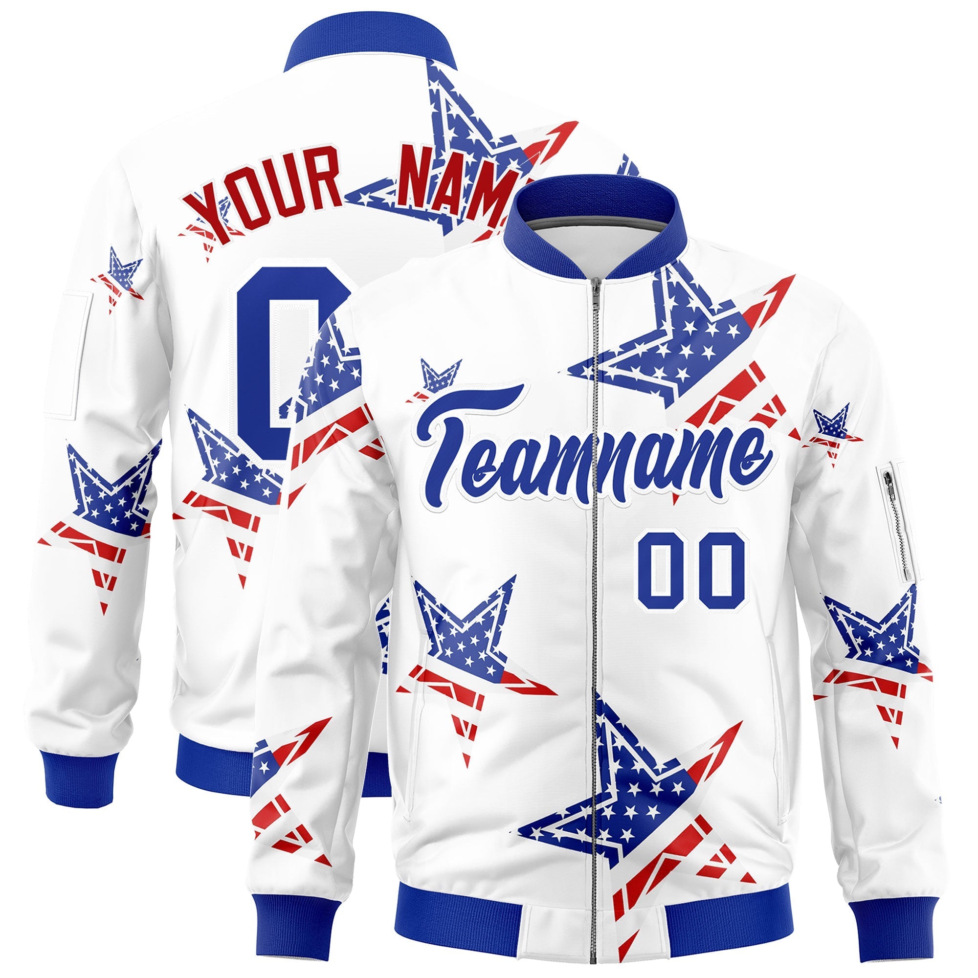 Custom White Royal Blue Red Independence Day Full Zip American Flag Wrinkle-Resistant Jacket| KXKSHOP