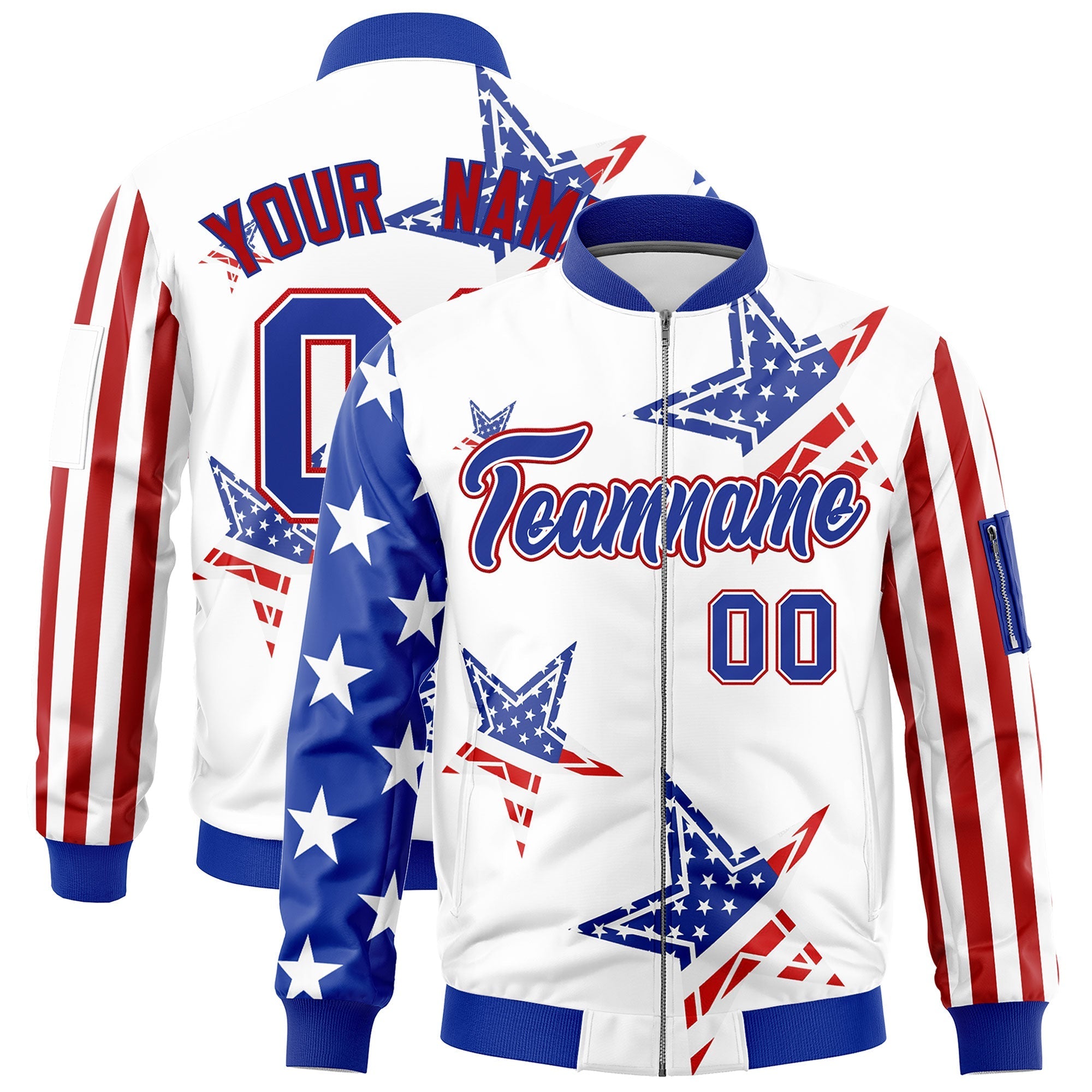 Custom White Red Royal Blue Independence Day Full Zip American Flag Wrinkle-Resistant Jacket| KXKSHOP
