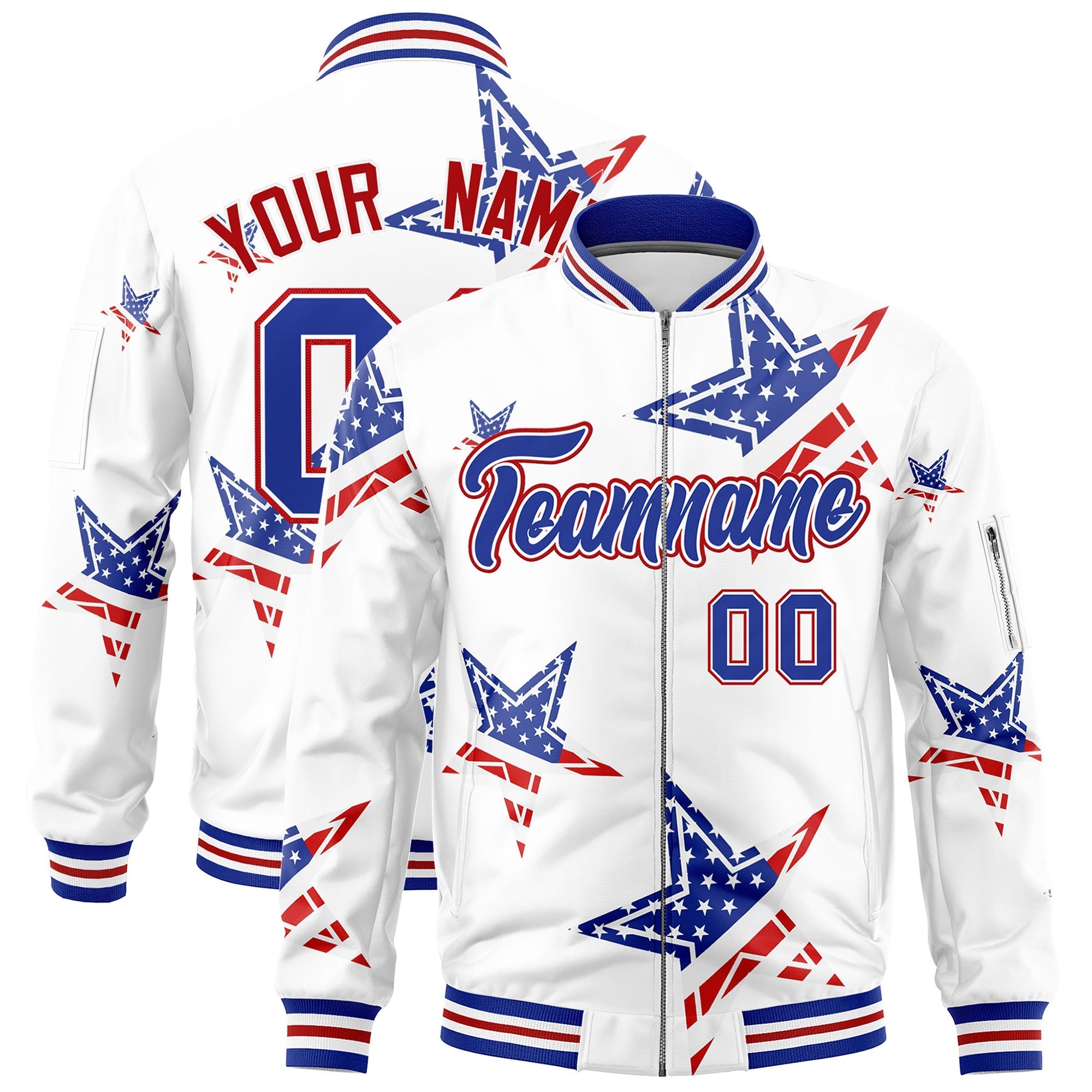Custom White Royal Blue Red Independence Day Full Zip American Flag Wrinkle-Resistant Jacket| KXKSHOP