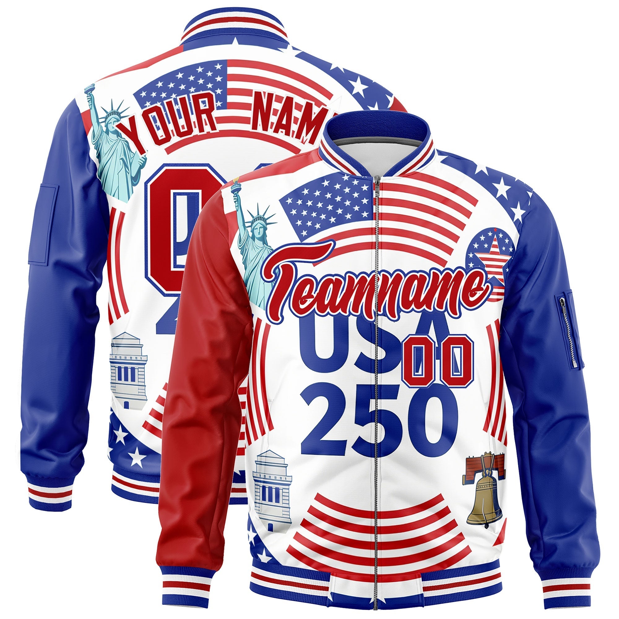 Custom Red Royal Blue White Independence Day Full Zip American Flag Wrinkle-Resistant Jacket| KXKSHOP