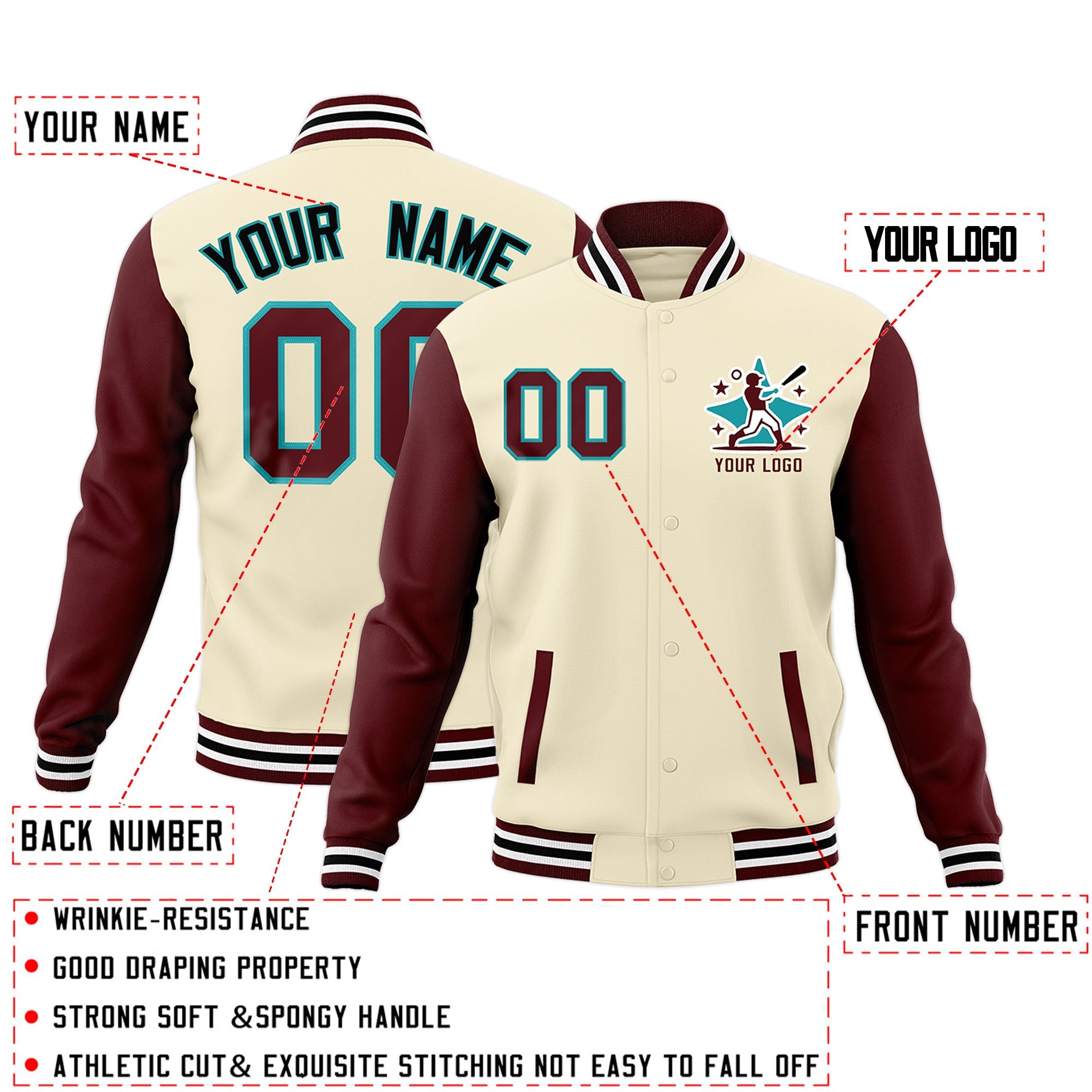 Custom Cream Crimson White Raglan Sleeves Full-Snap Letterman Jacket| KXKSHOP