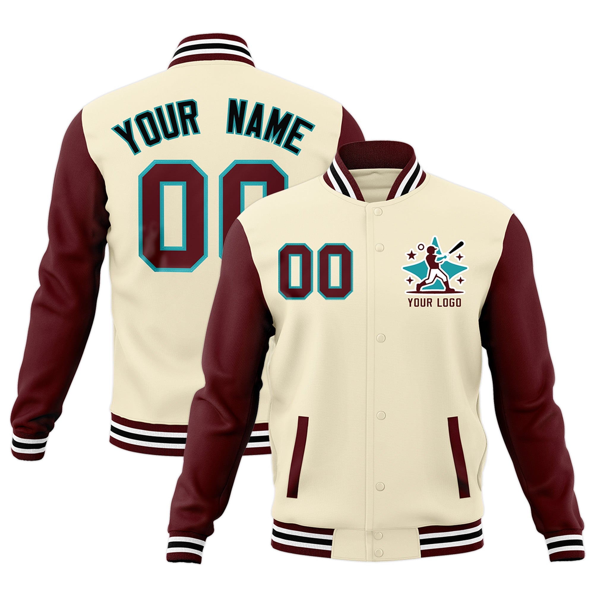 Custom Cream Crimson White Raglan Sleeves Full-Snap Letterman Jacket| KXKSHOP