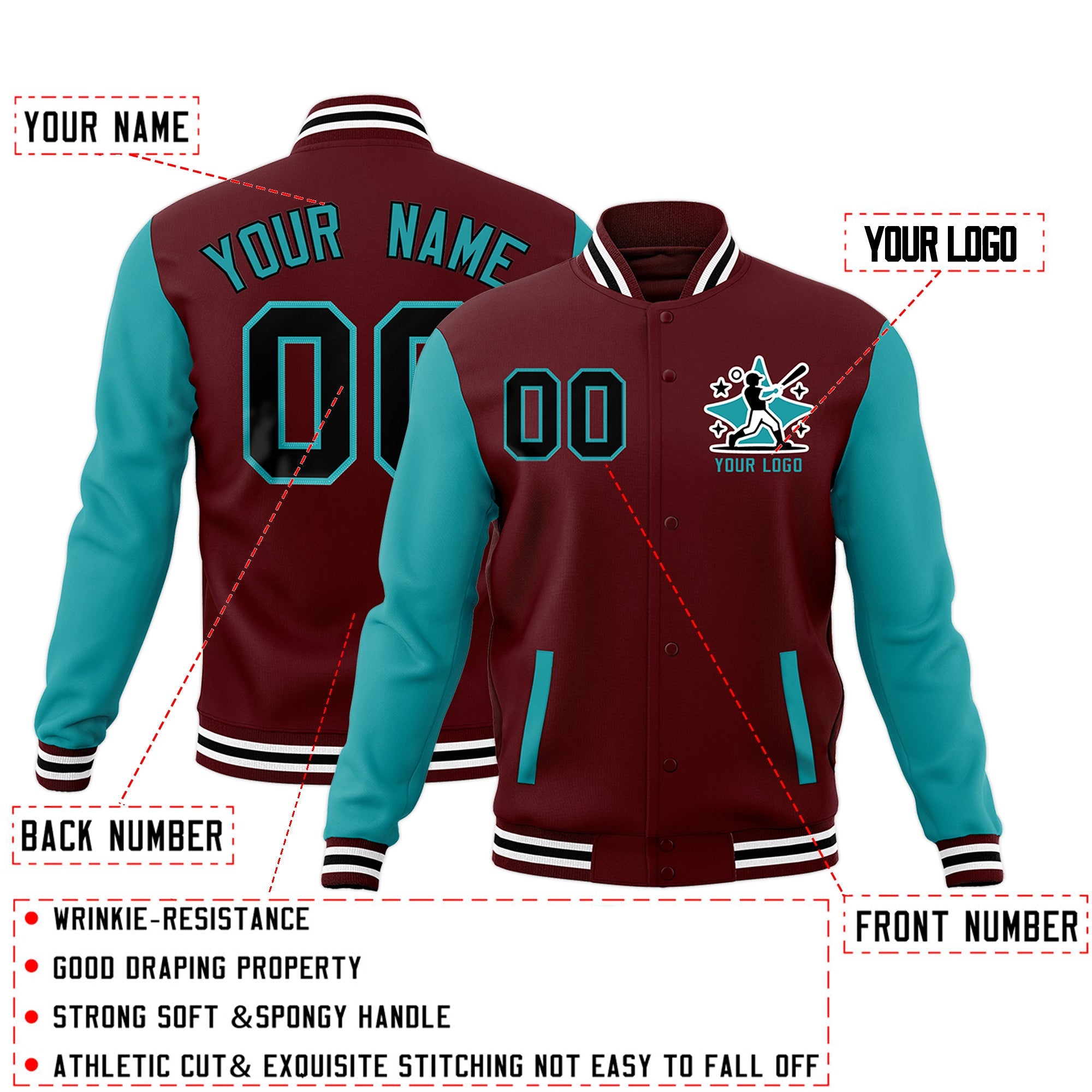 Custom Crimson Aqua White Raglan Sleeves Full-Snap Letterman Jacket| KXKSHOP