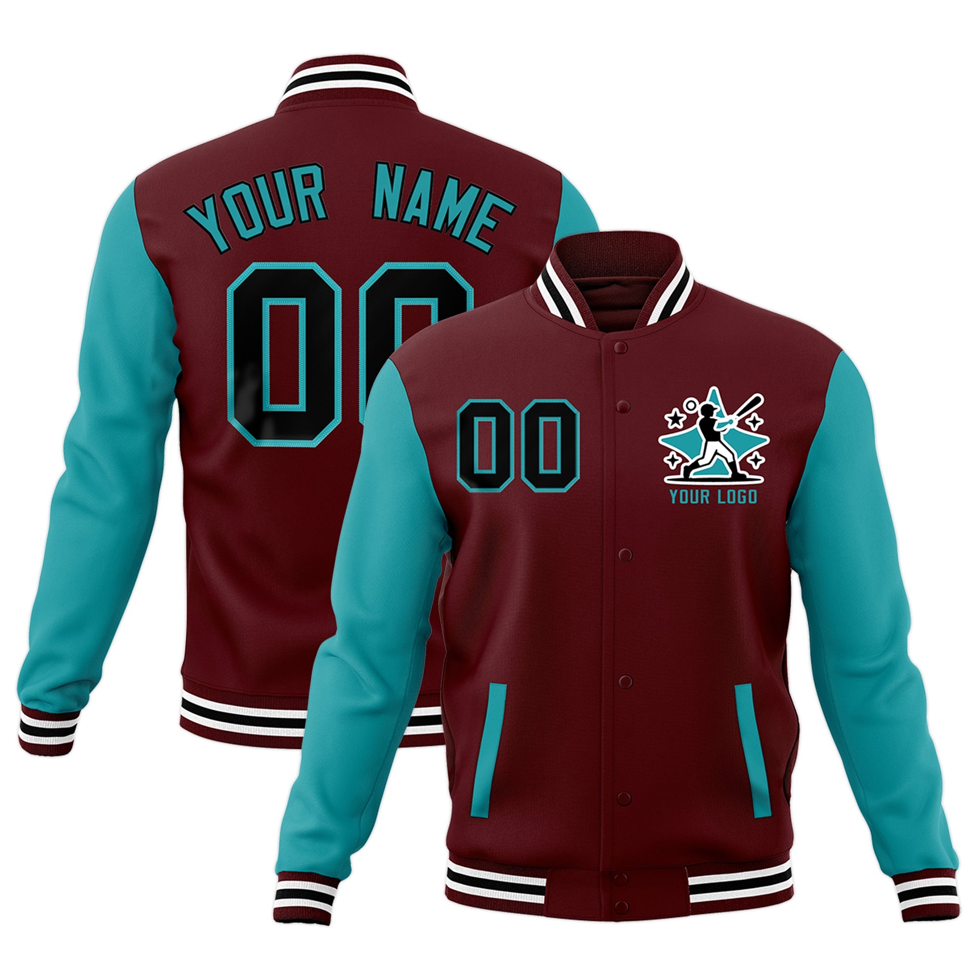 Custom Crimson Aqua White Raglan Sleeves Full-Snap Letterman Jacket| KXKSHOP