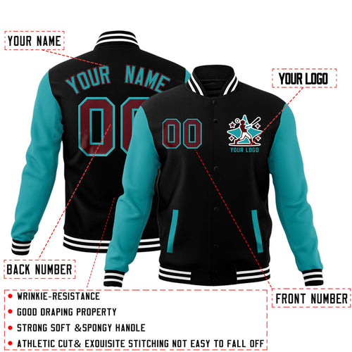 Custom Black Aqua White Raglan Sleeves Full-Snap Letterman Jacket| KXKSHOP