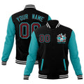 Custom Black Aqua White Raglan Sleeves Full-Snap Letterman Jacket| KXKSHOP
