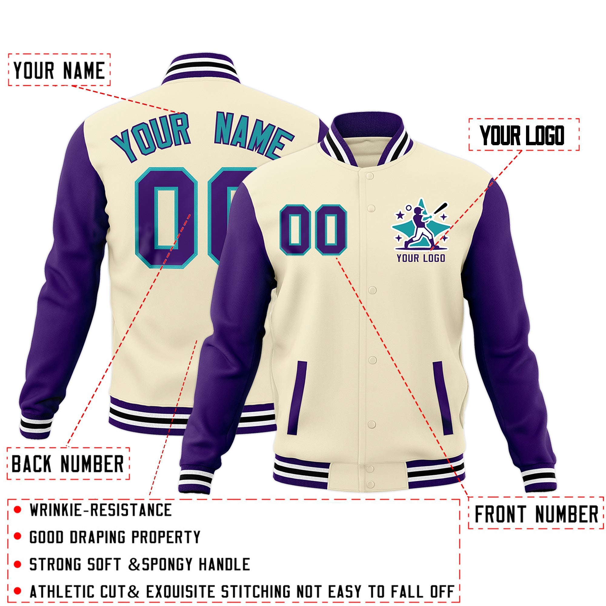 Custom Cream Purple White Raglan Sleeves Full-Snap Letterman Jacket| KXKSHOP
