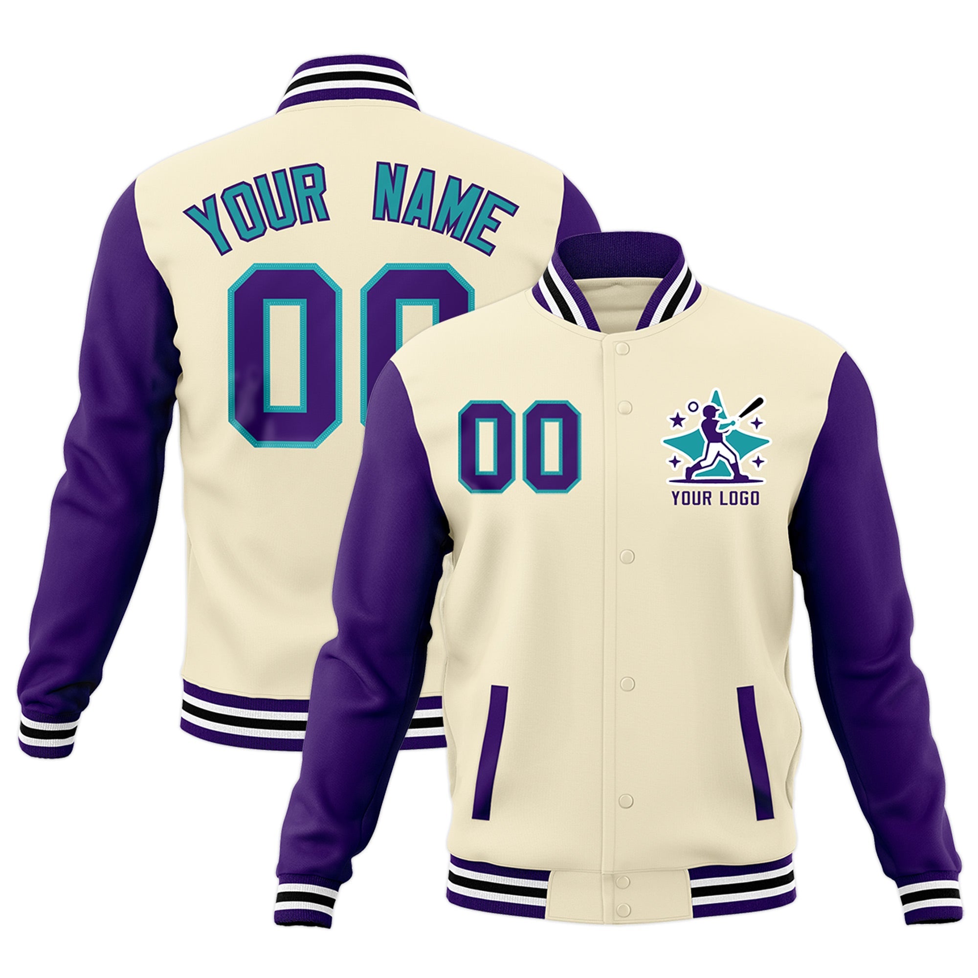Custom Cream Purple White Raglan Sleeves Full-Snap Letterman Jacket| KXKSHOP