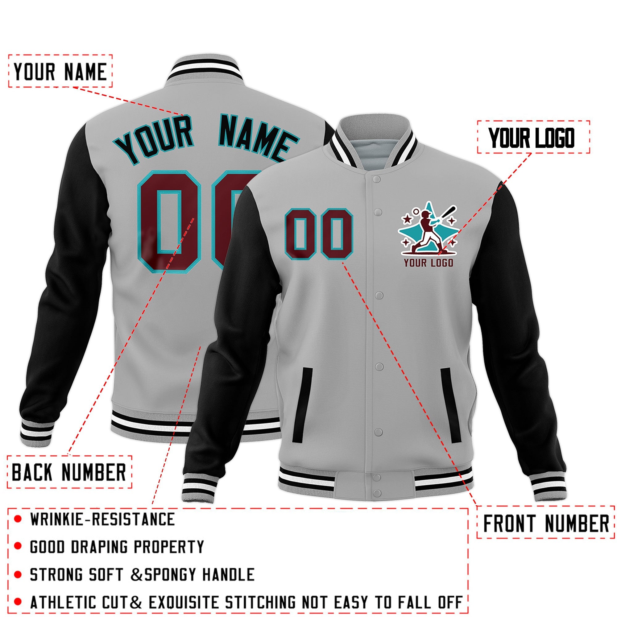 Custom Gray Black White Raglan Sleeves Full-Snap Letterman Jacket| KXKSHOP